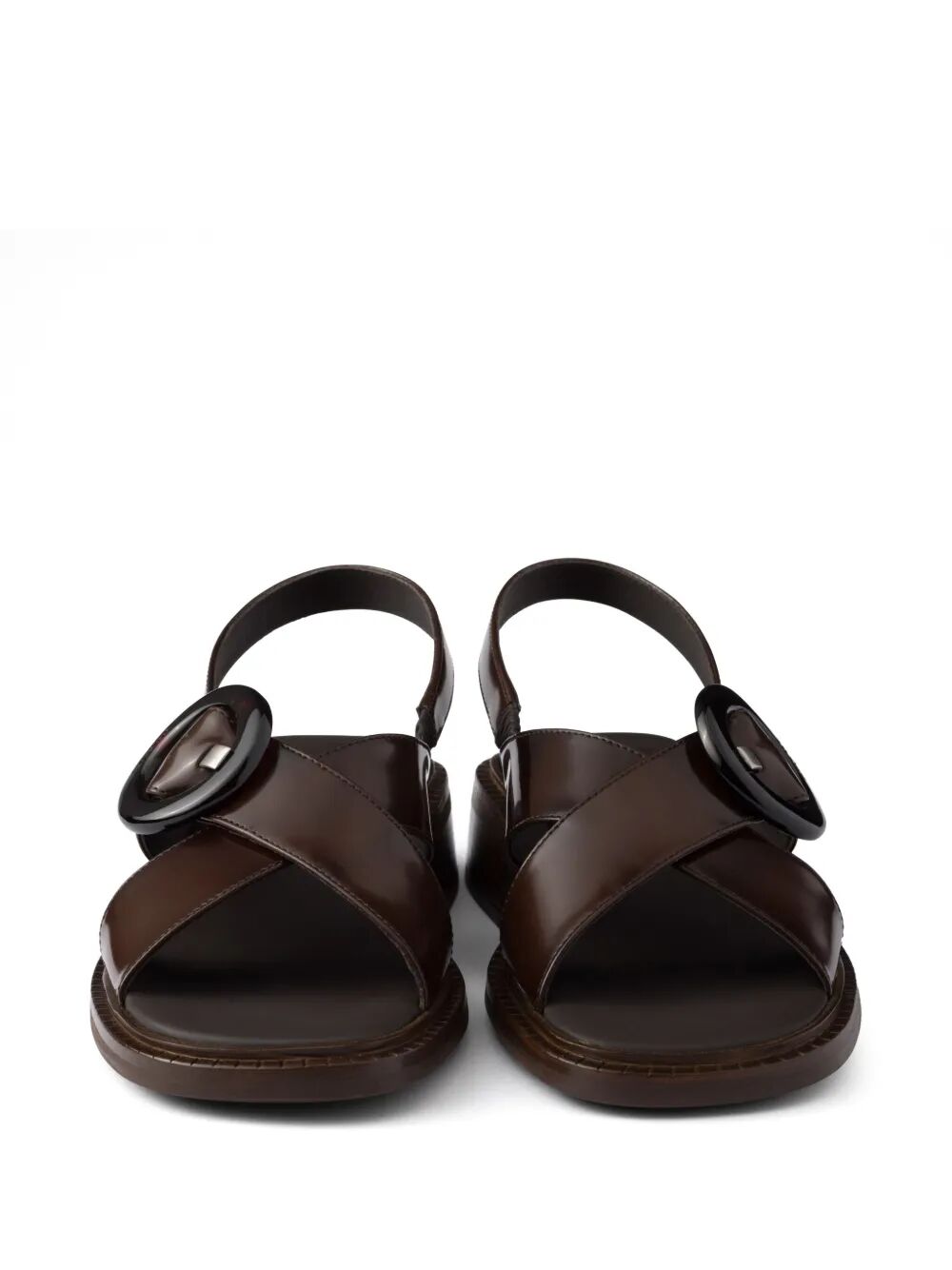 Prada Women Brushed Leather Crisscross Band Sandals With Plexiglas Buckle PRADA