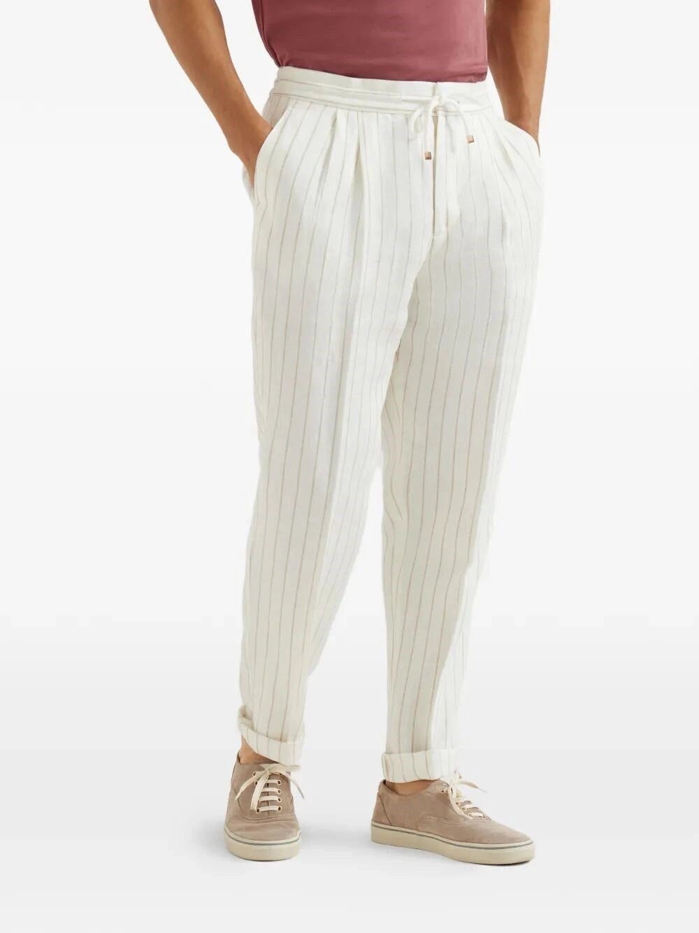 Brunello Cucinelli Men Stripe Linen Pants With Drawstring And Double Pleats BRUNELLO CUCINELLI