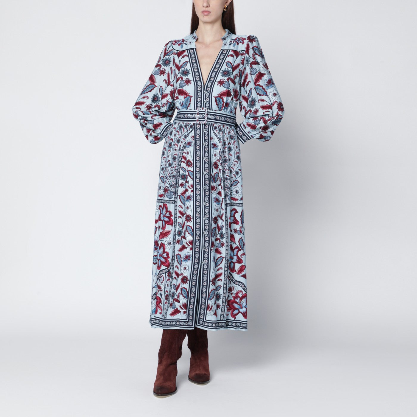 Farm Rio Light Blue Midi Dress With Floral Print Women FARM Rio