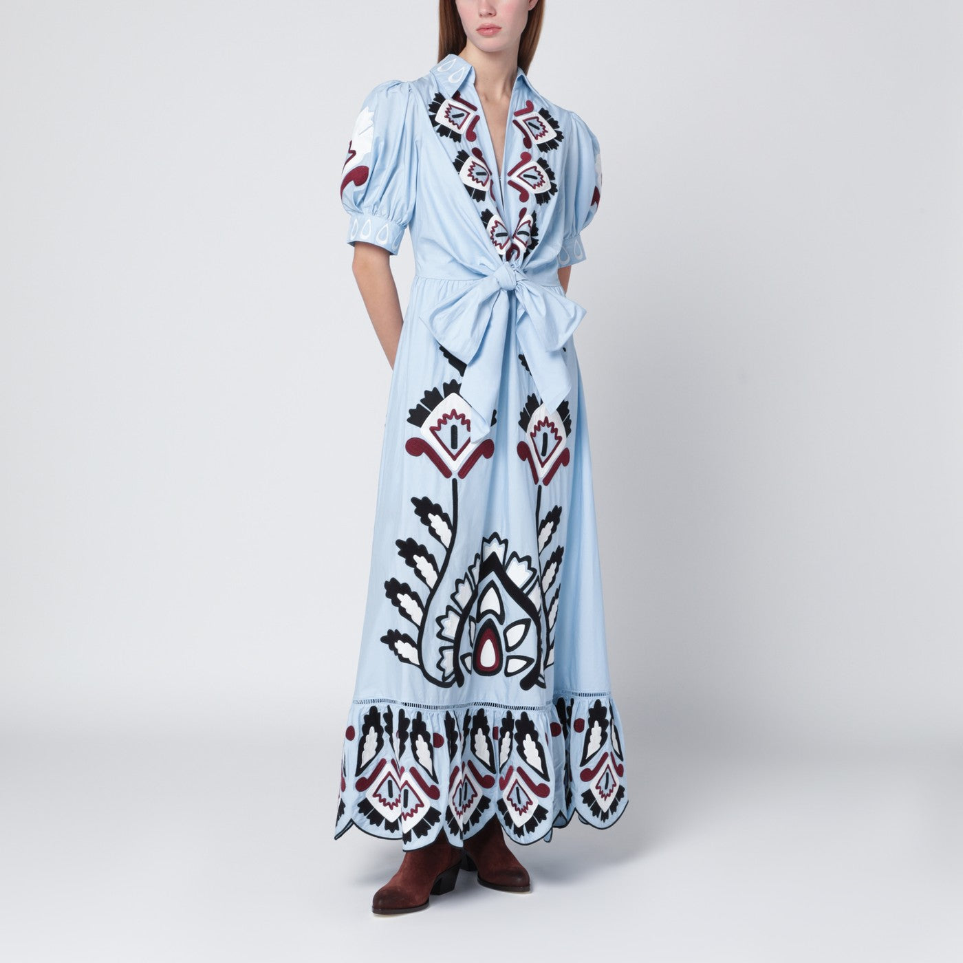 Farm Rio Light Blue Embroidered Long Dress With Bow Women FARM Rio
