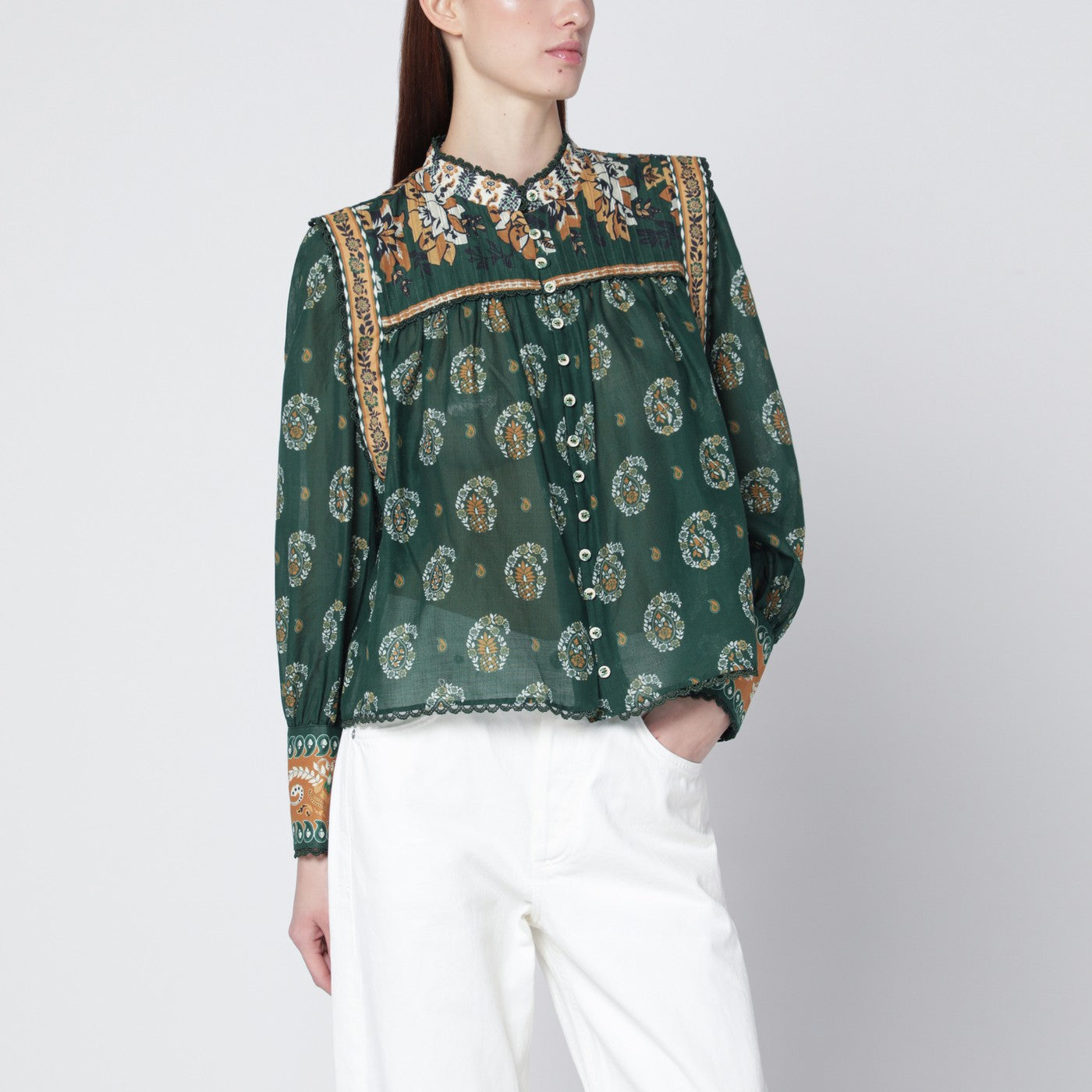 Farm Rio Tayla Green Cotton Blouse Women FARM Rio