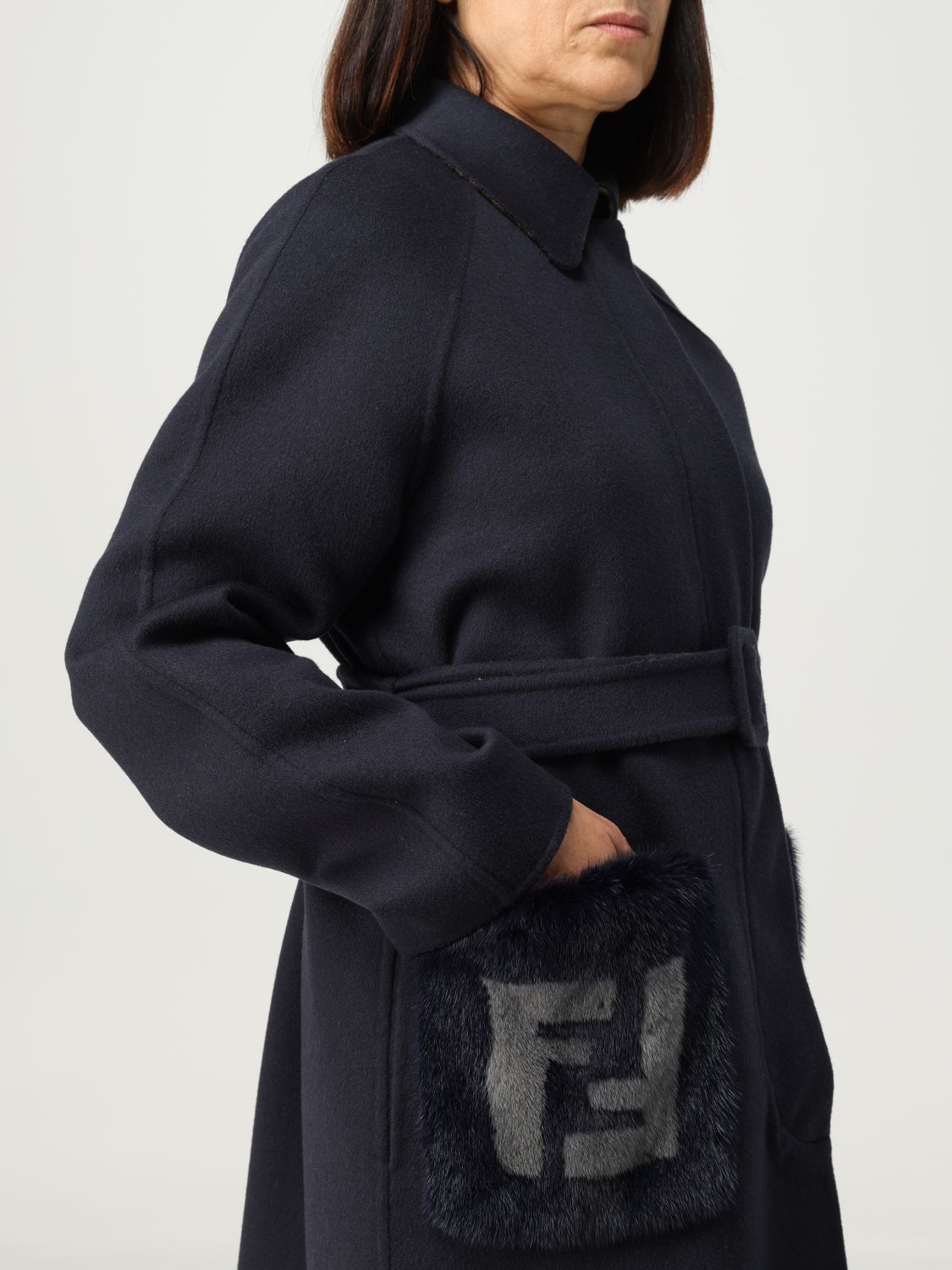 Fendi Men Monogram-Print Belted Virgin-Wool Coat