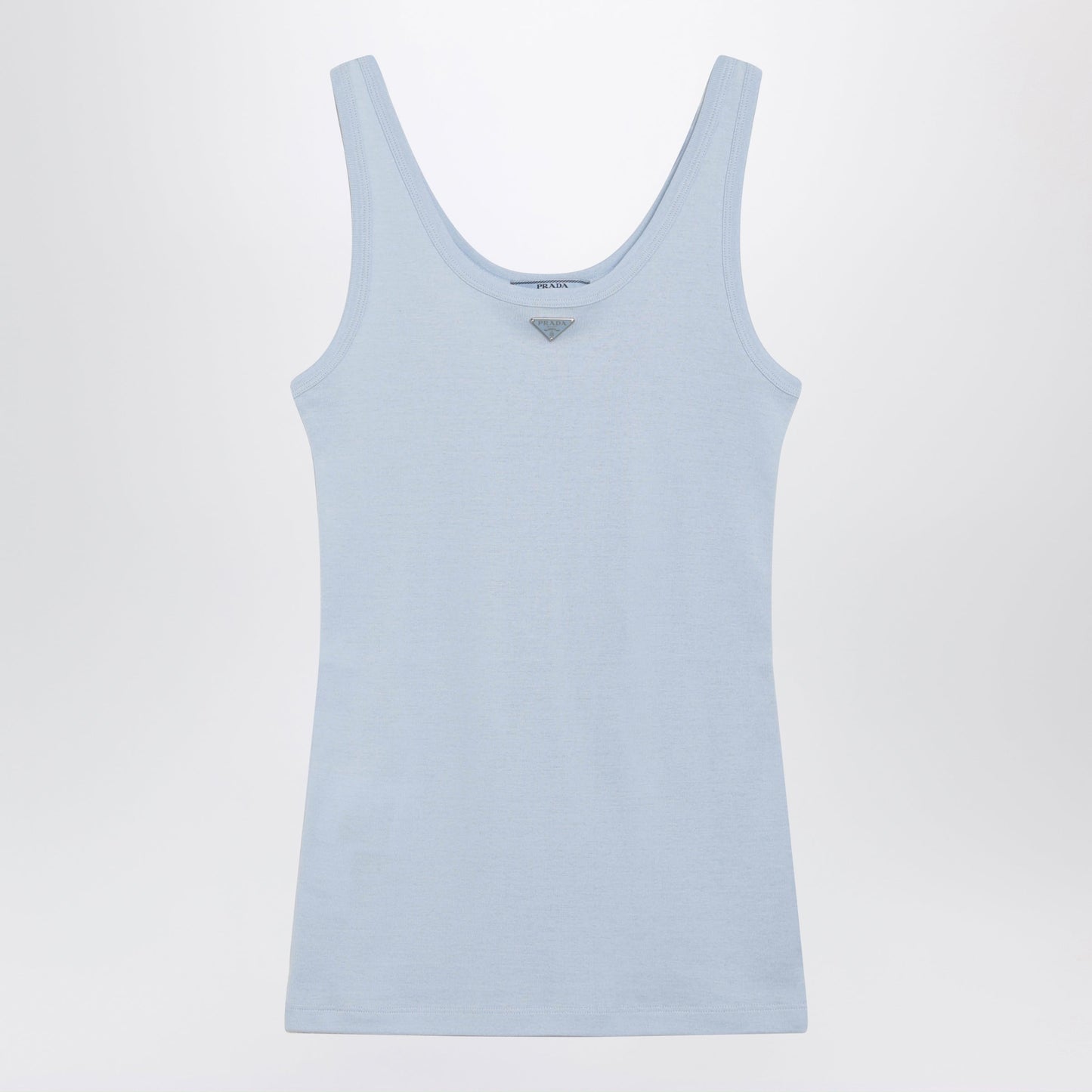 Prada Ribbed Cotton Top With Triangle Logo In Sky Blue Women PRADA