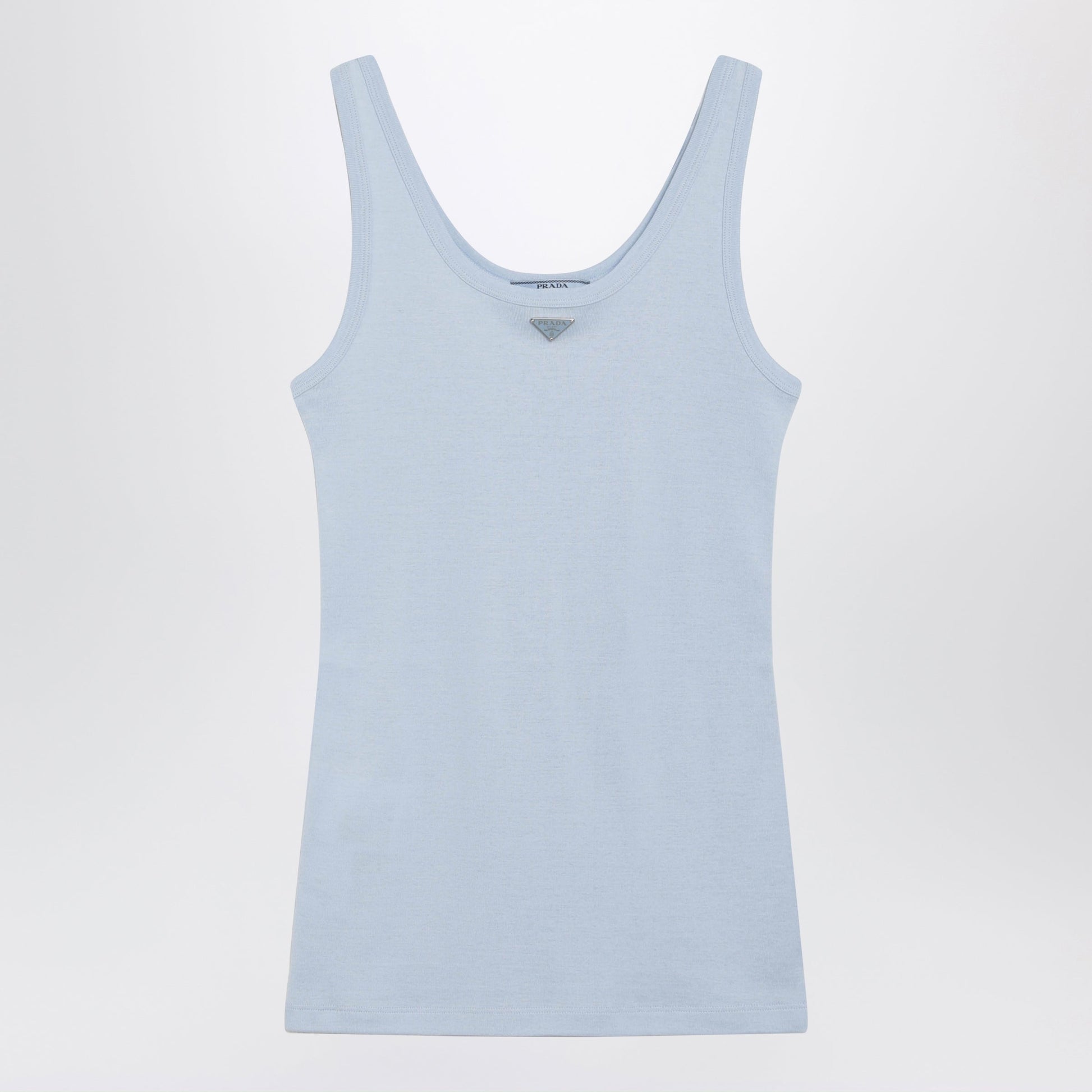 Prada Ribbed Cotton Top With Triangle Logo In Sky Blue Women PRADA