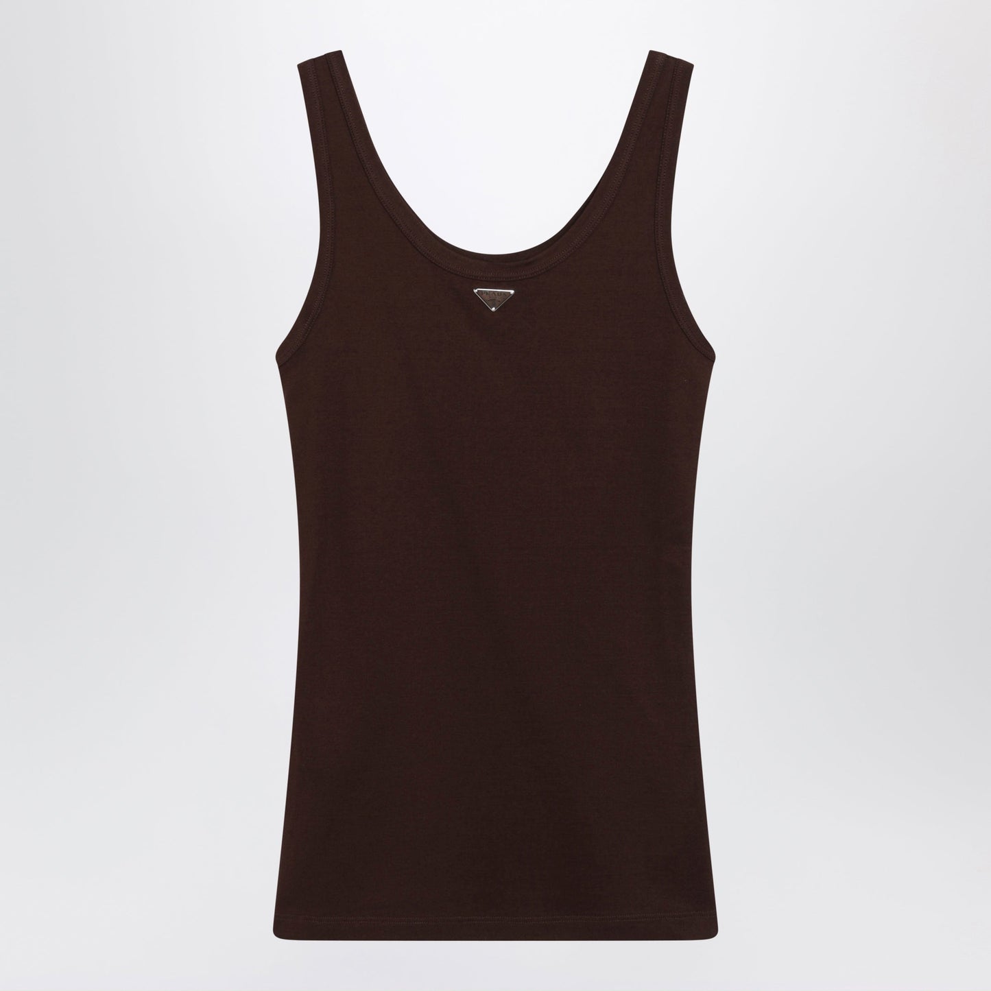 Prada Ribbed Cotton Top With Triangle Logo In Cocoa Women PRADA