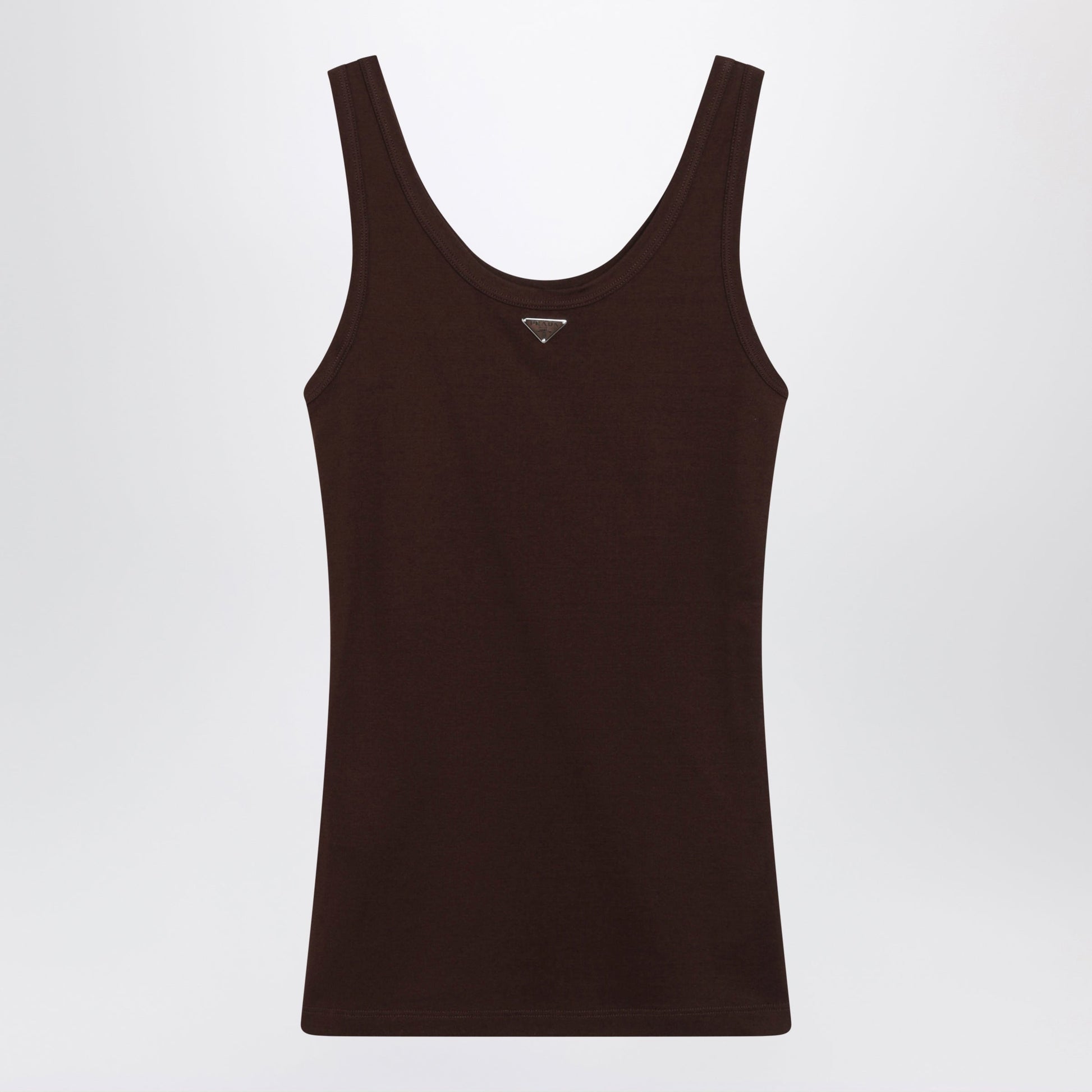 Prada Ribbed Cotton Top With Triangle Logo In Cocoa Women PRADA
