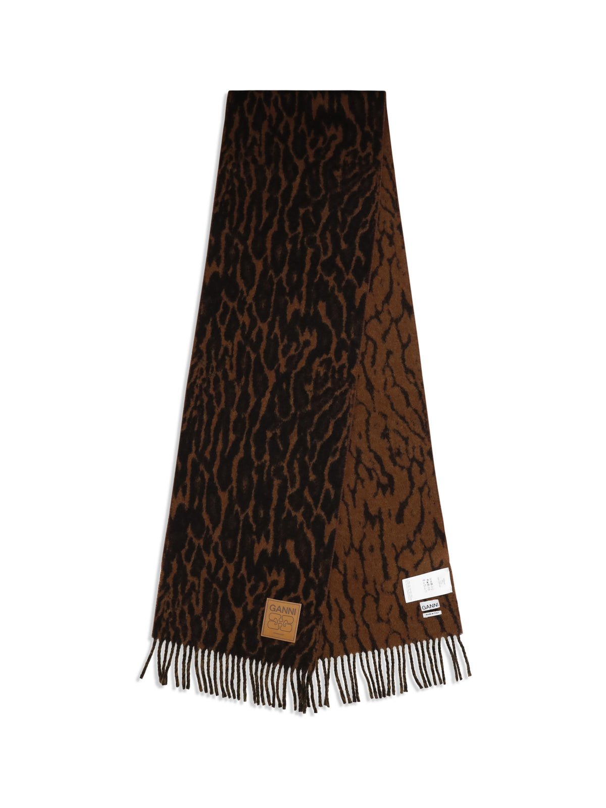Ganni Women Leopard Print Wool Scarf With Logo And Fringes GANNI