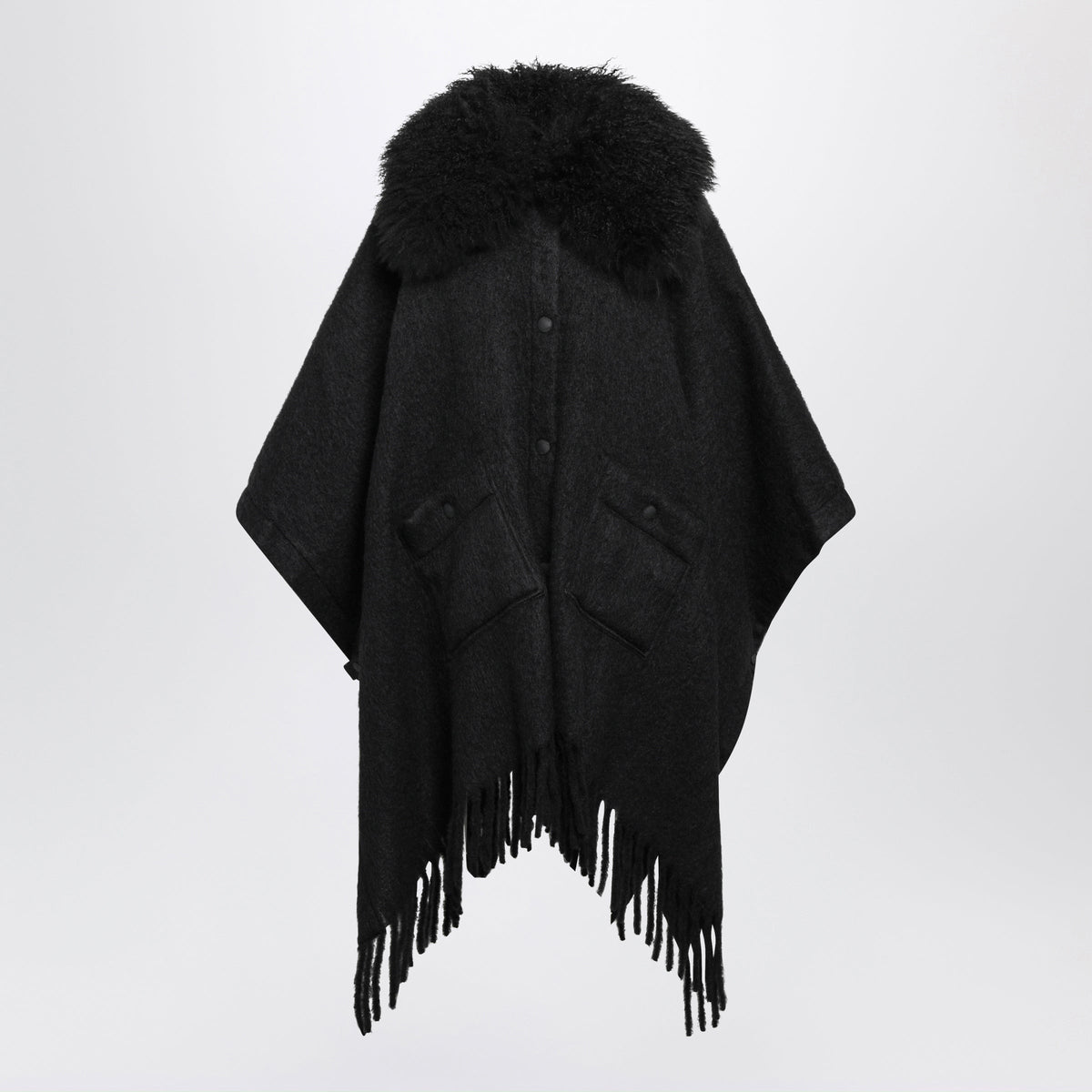Moncler Grenoble Black Cape In Wool, Mohair And Alpaca Blend With Shearling Collar Women MONCLER GRENOBLE
