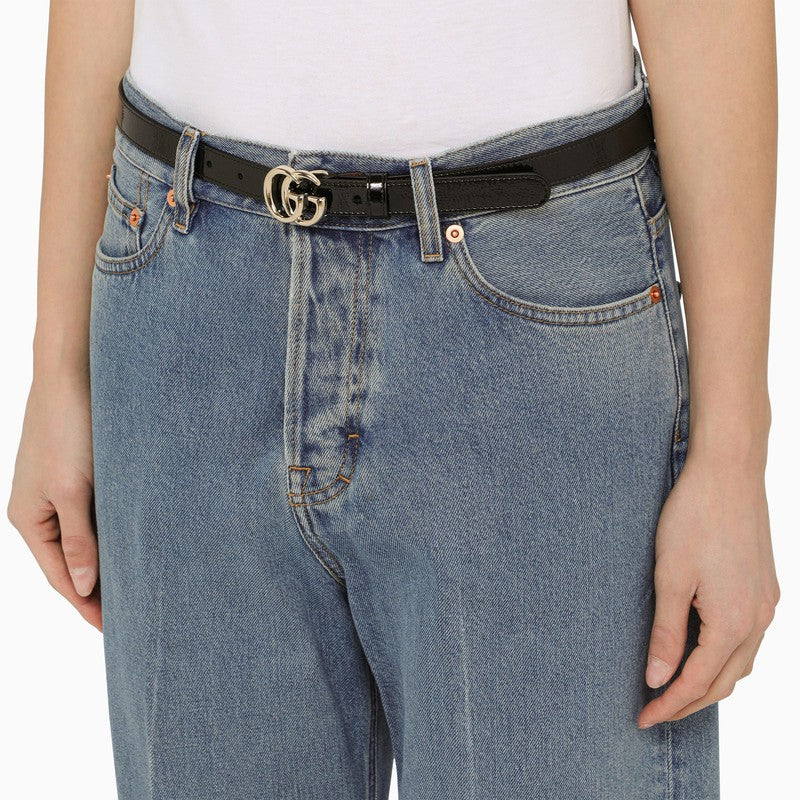Gucci Gg Marmont Thin Belt In Black Patent Leather Women