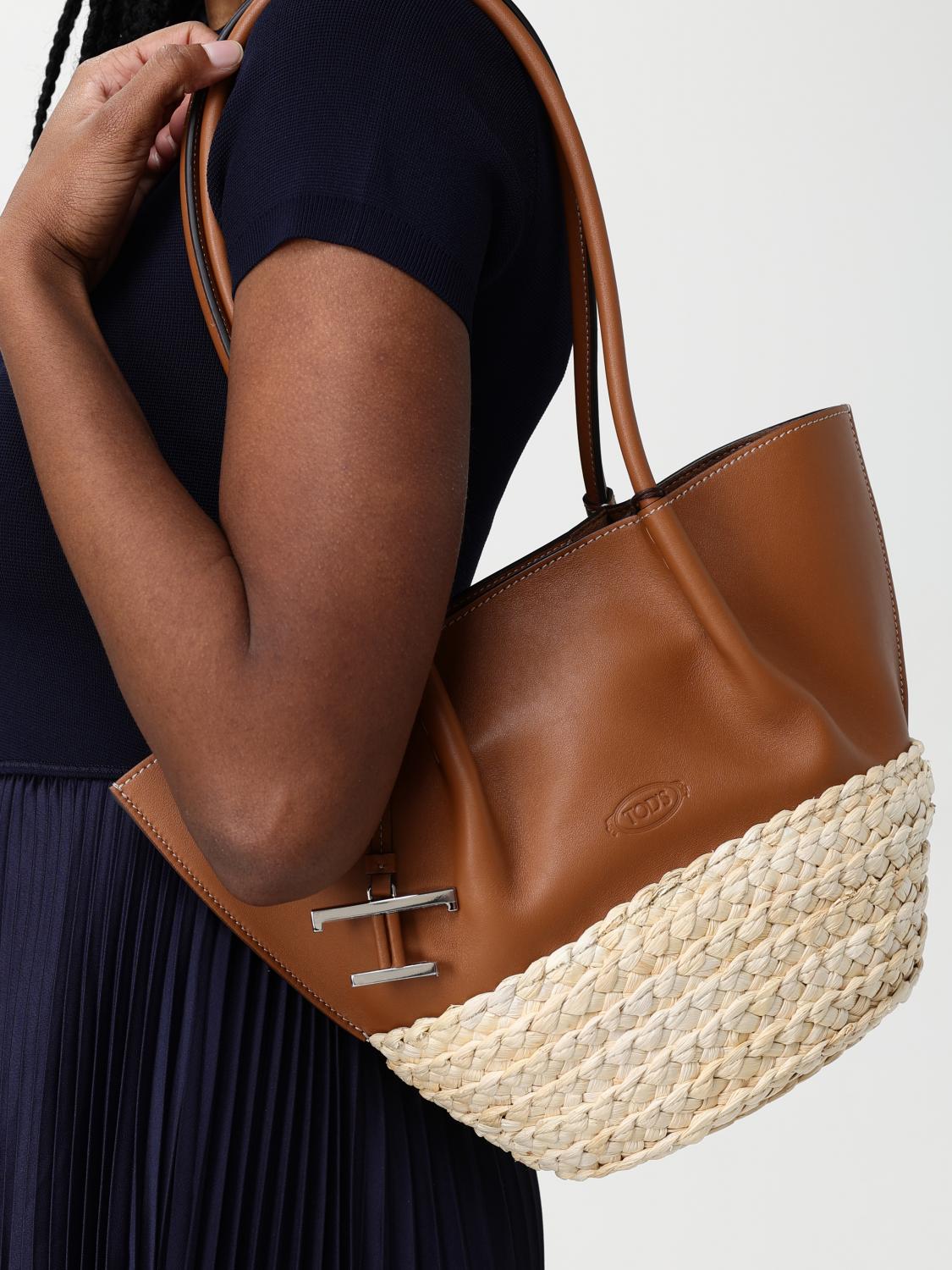 Tod's Women Two-Tone Leather And Raffia Small Shopping Bag TOD'S