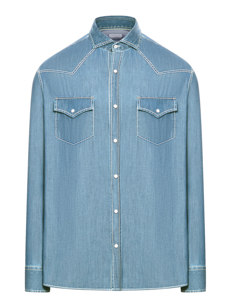 Brunello Cucinelli Men Long-Sleeved Denim Shirt BRUNELLO CUCINELLI