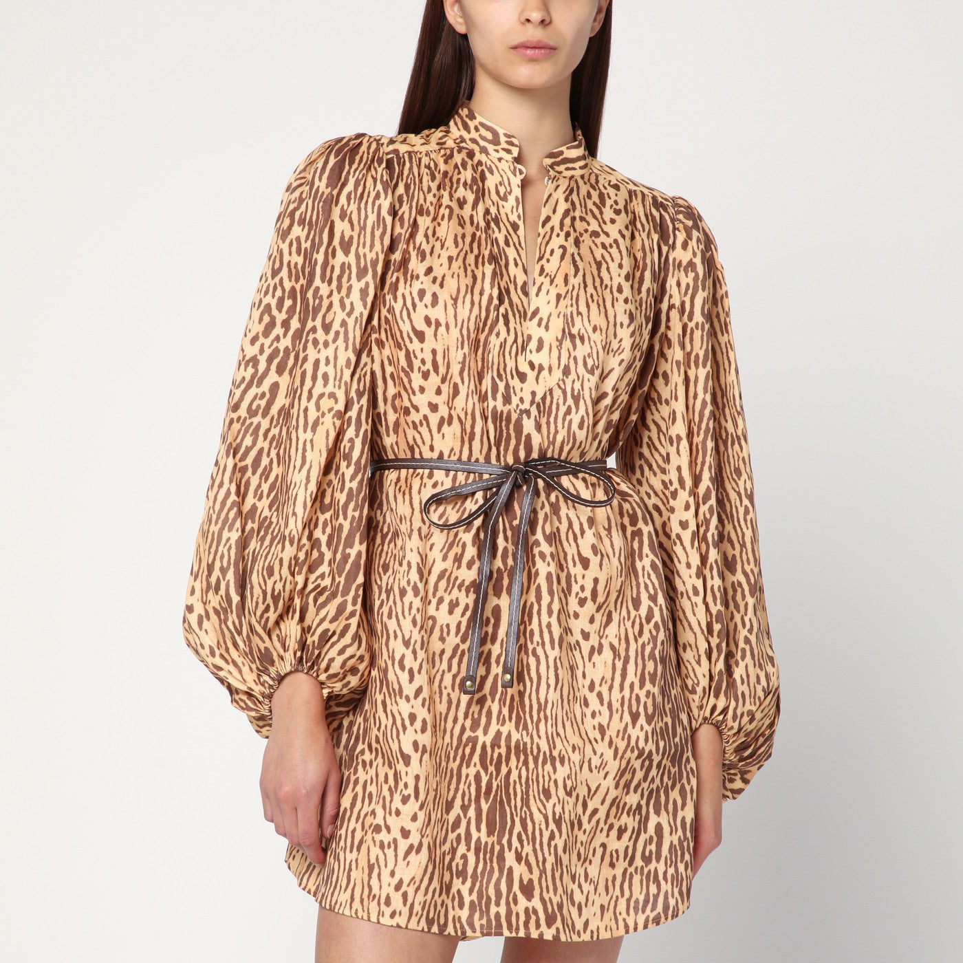 Zimmermann Leopard Print Short Dress In Linen Women ZIMMERMANN