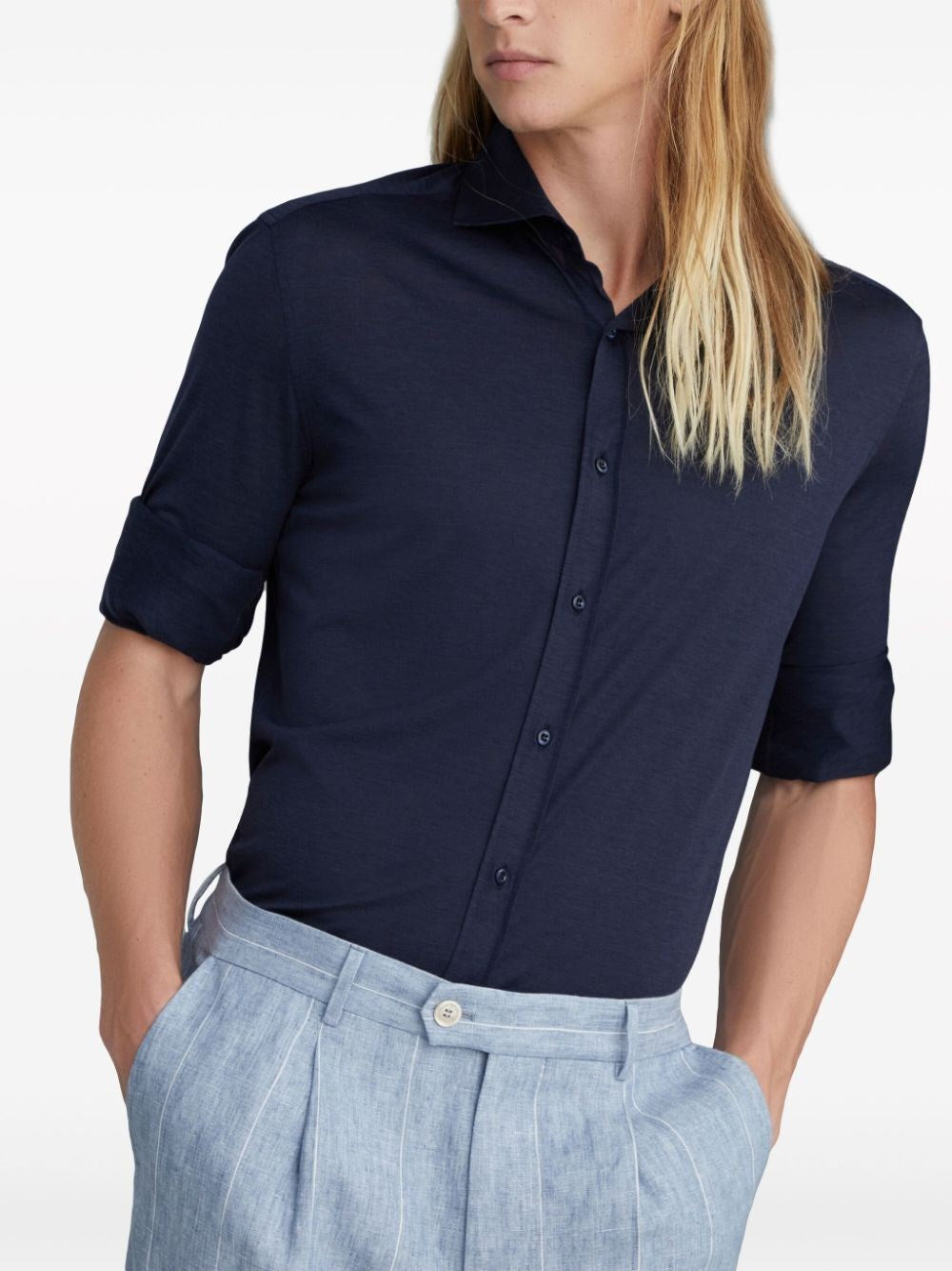 Brunello Cucinelli Men Silk And Cotton Jersey Shirt With Spread Collar BRUNELLO CUCINELLI