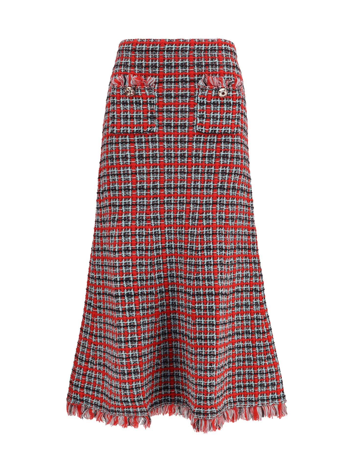 Self-Portrait Women Check Knit Midi Skirt With Frayed Edges SELF-PORTRAIT