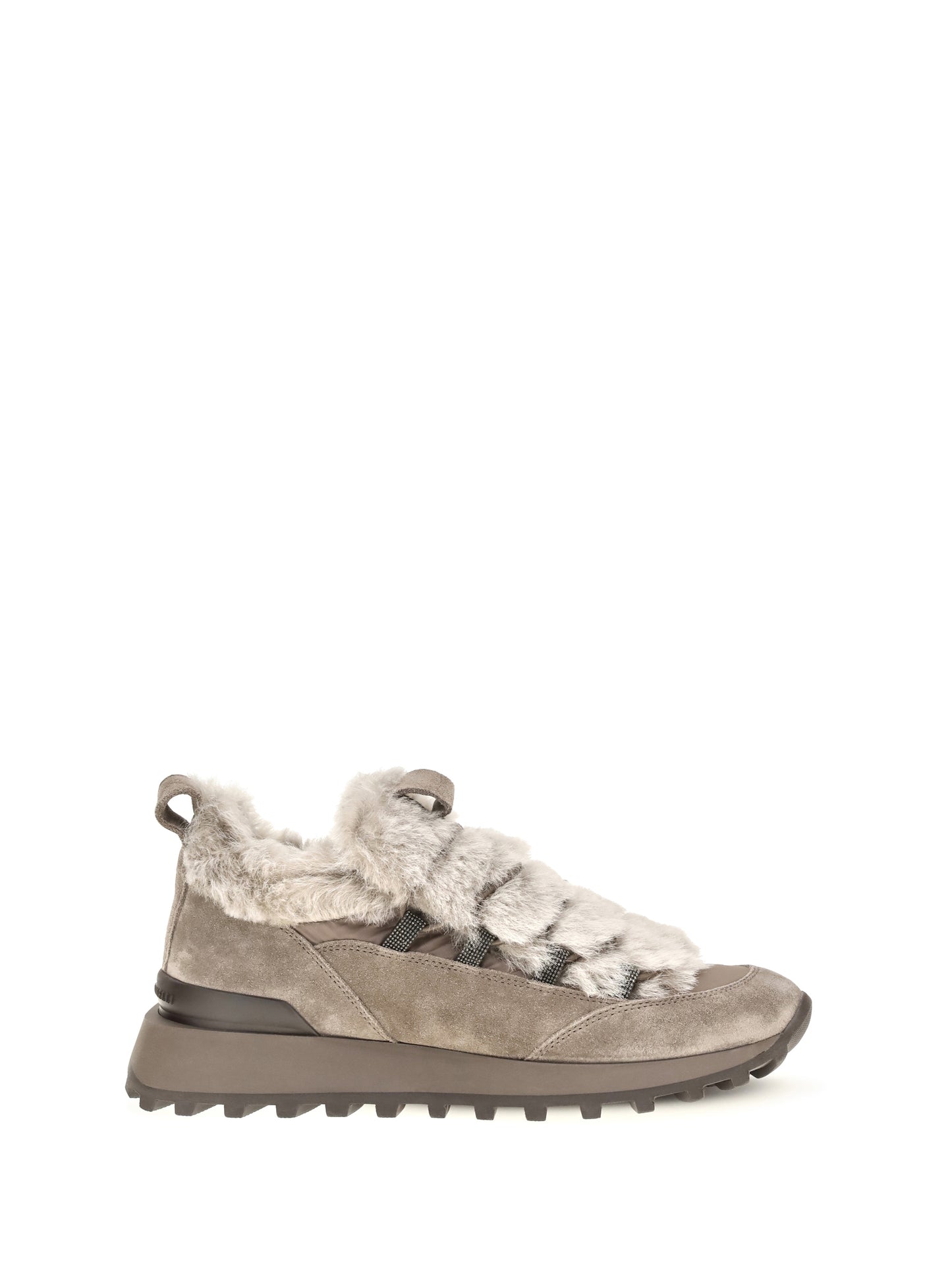 Brunello Cucinelli Women Suede And Tech Cotton Sneakers With Shearling Lining And Monili Detail BRUNELLO CUCINELLI