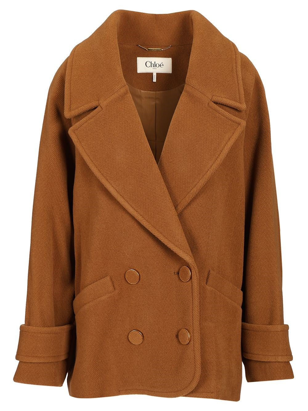 Chloe' Women Short Double-Breasted Wool Coat With Herringbone Pattern CHLOE