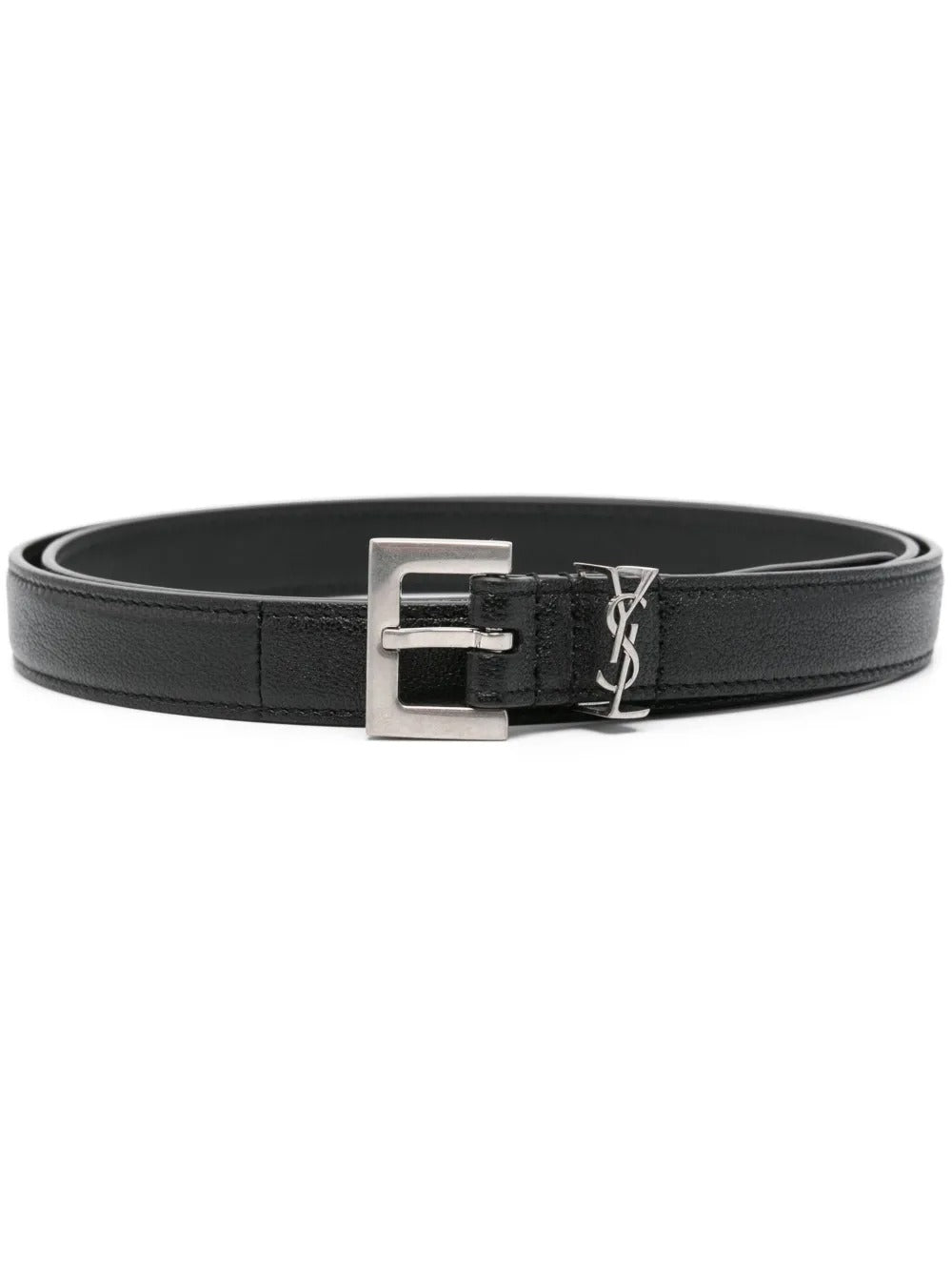 Saint Laurent Men Squared Buckle Smooth Leather Cassandre Thin Belt SAINT LAURENT