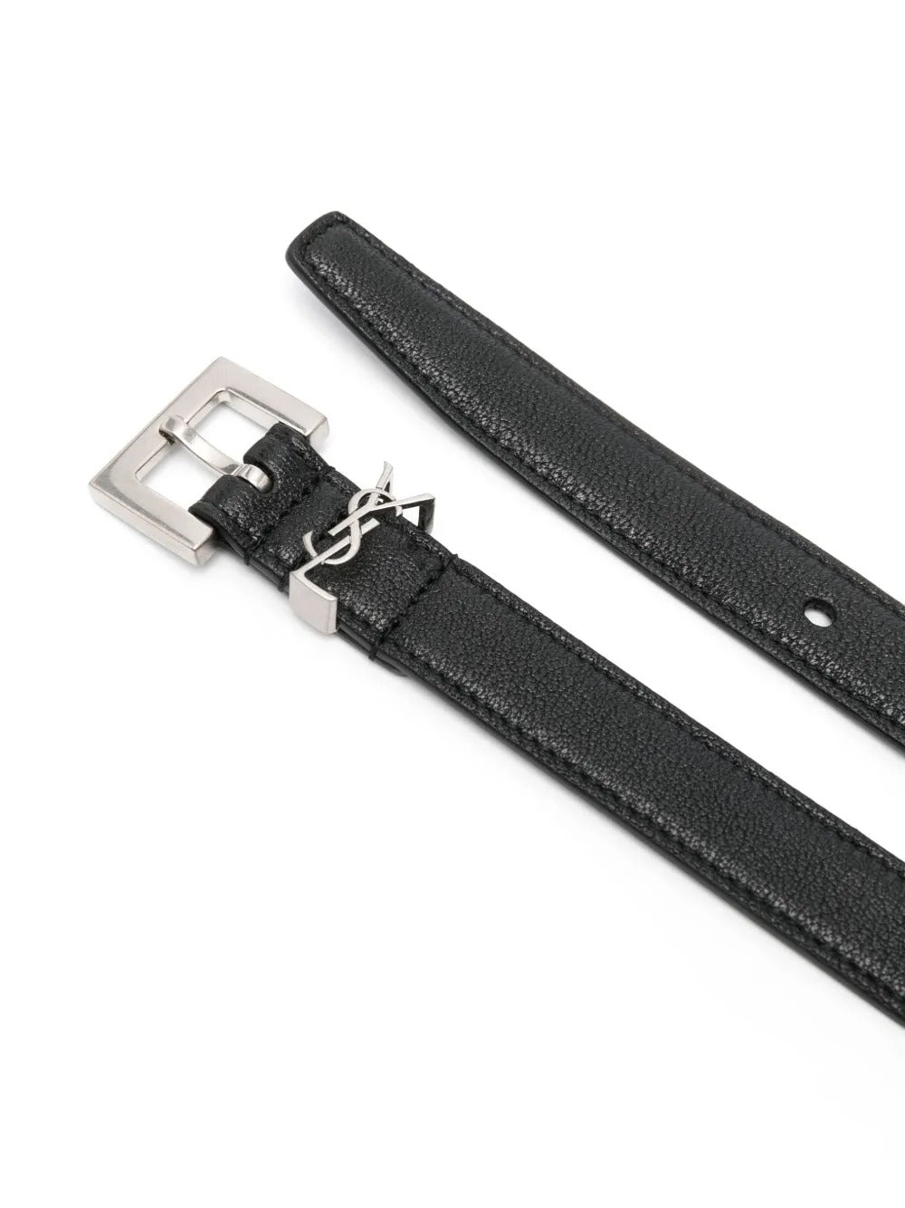 Saint Laurent Men Squared Buckle Smooth Leather Cassandre Thin Belt SAINT LAURENT