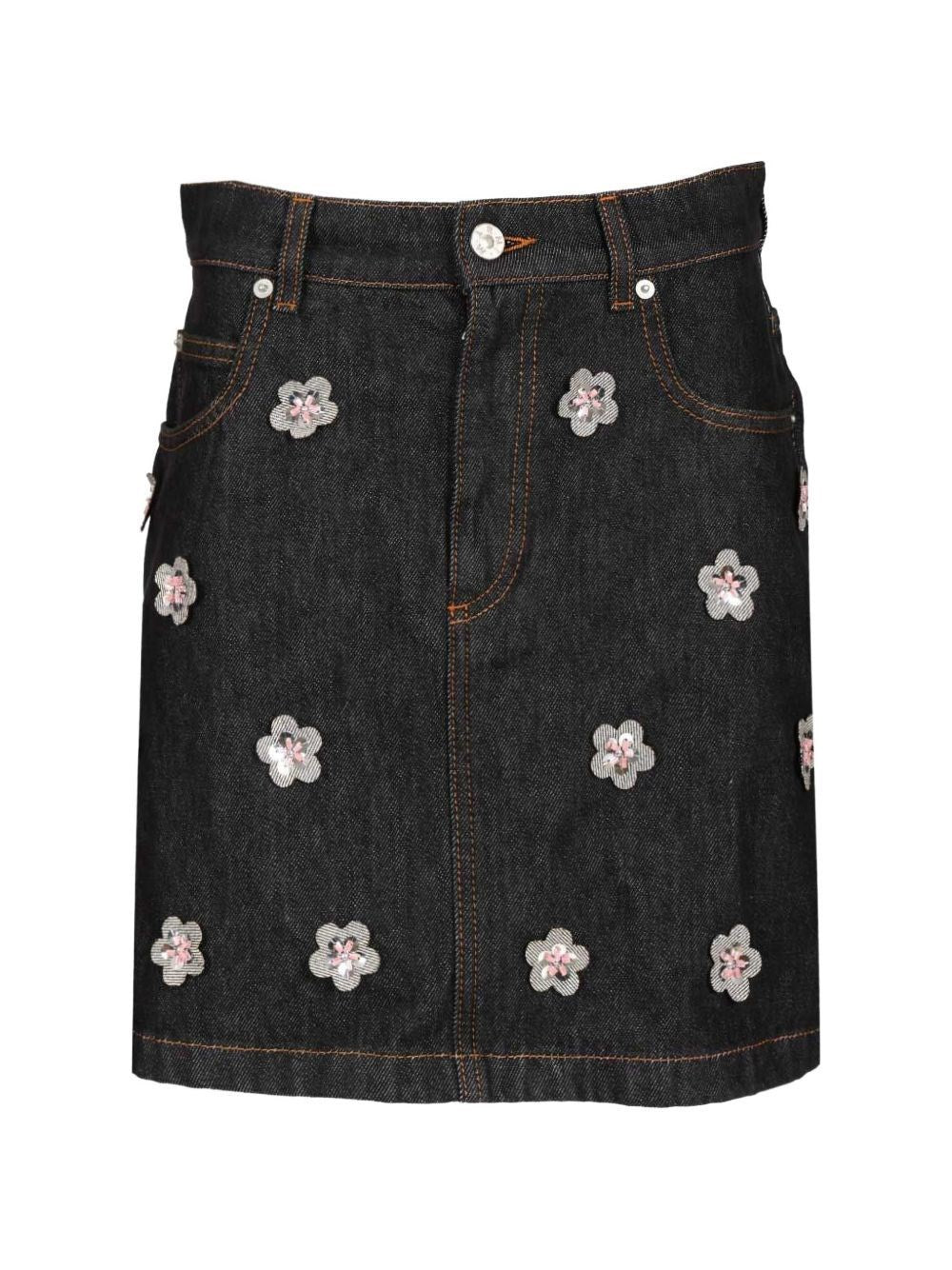 Marni Women Black Denim Skirt With Daisy Appliques MARNI