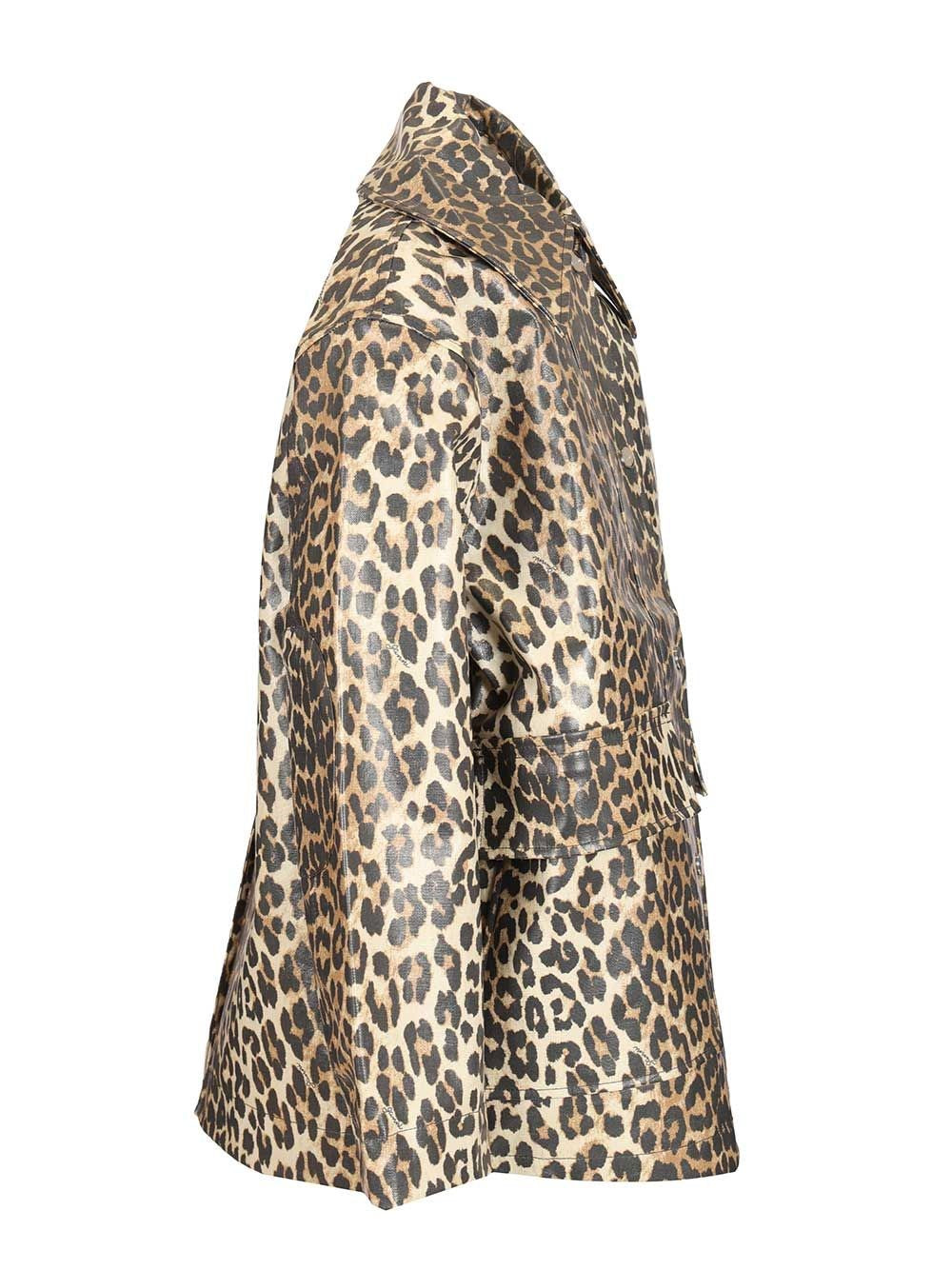 Ganni Women Leopard Laminated Cotton Jacket GANNI