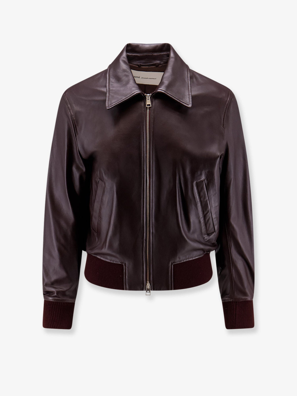 Ami Paris Men Bordeaux Leather Jacket With Zip AMI PARIS