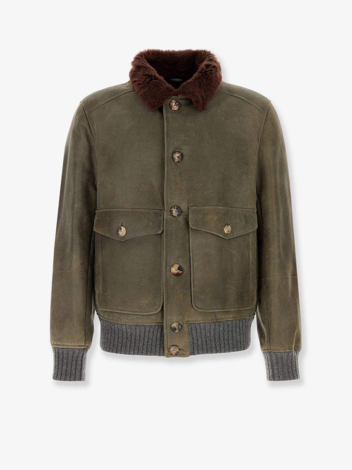 Brunello Cucinelli Men Waxed Shearling Bomber Jacket With Shearling Collar BRUNELLO CUCINELLI