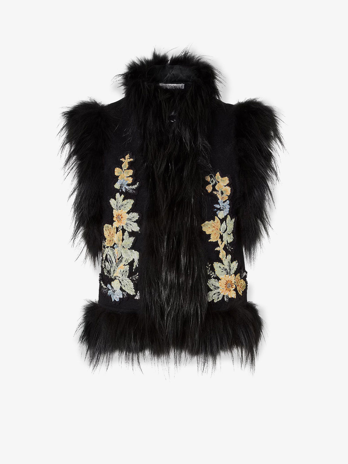 Fendi Women Wool Vest With Floral Embroidery And Fox Fur Trim FENDI
