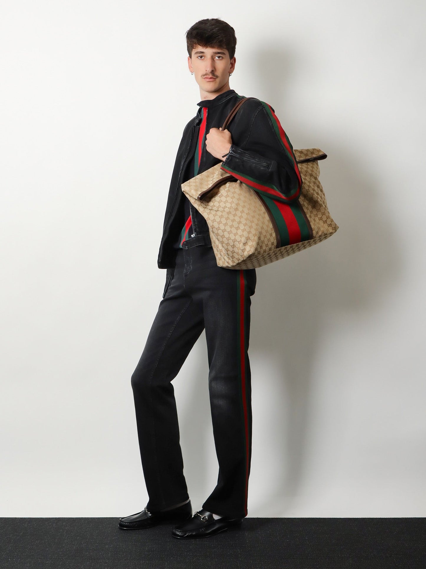 Gucci Men Gg Fabric Travel Bag With Web Detail On The Front GUCCI