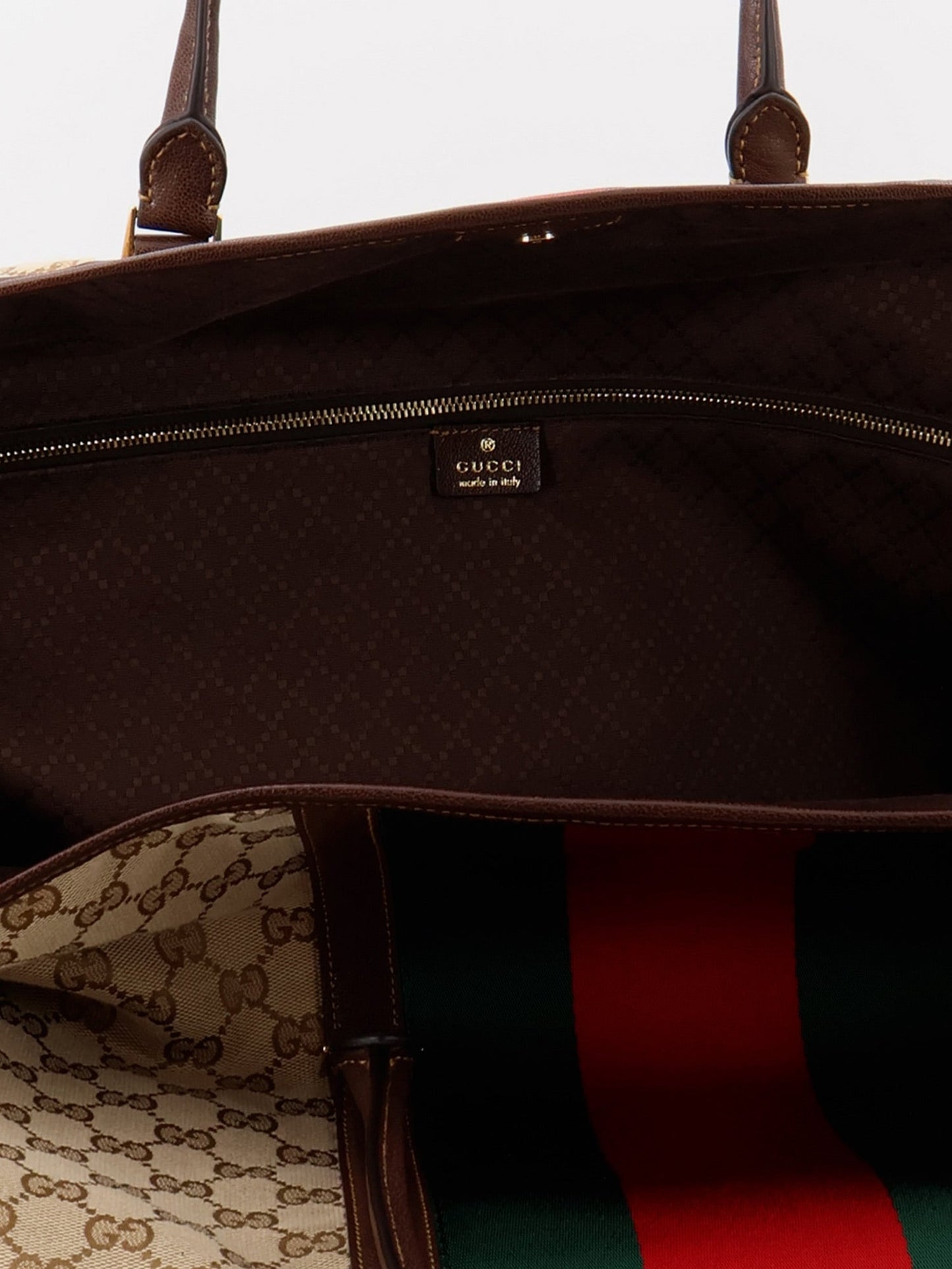 Gucci Men Gg Fabric Travel Bag With Web Detail On The Front GUCCI