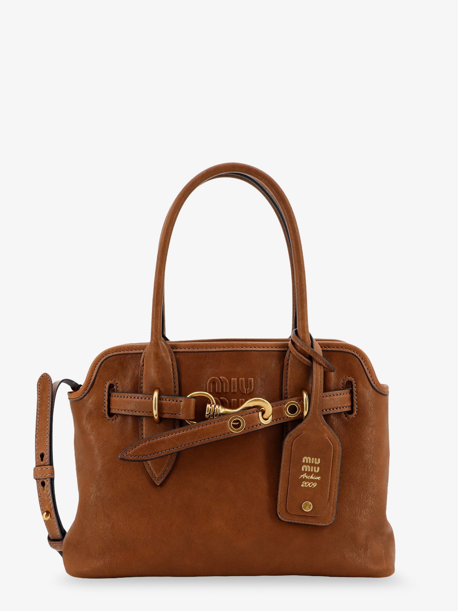 Miu Miu Women Aventure Leather Handbag With Embossed Lettering Logo MIU MIU