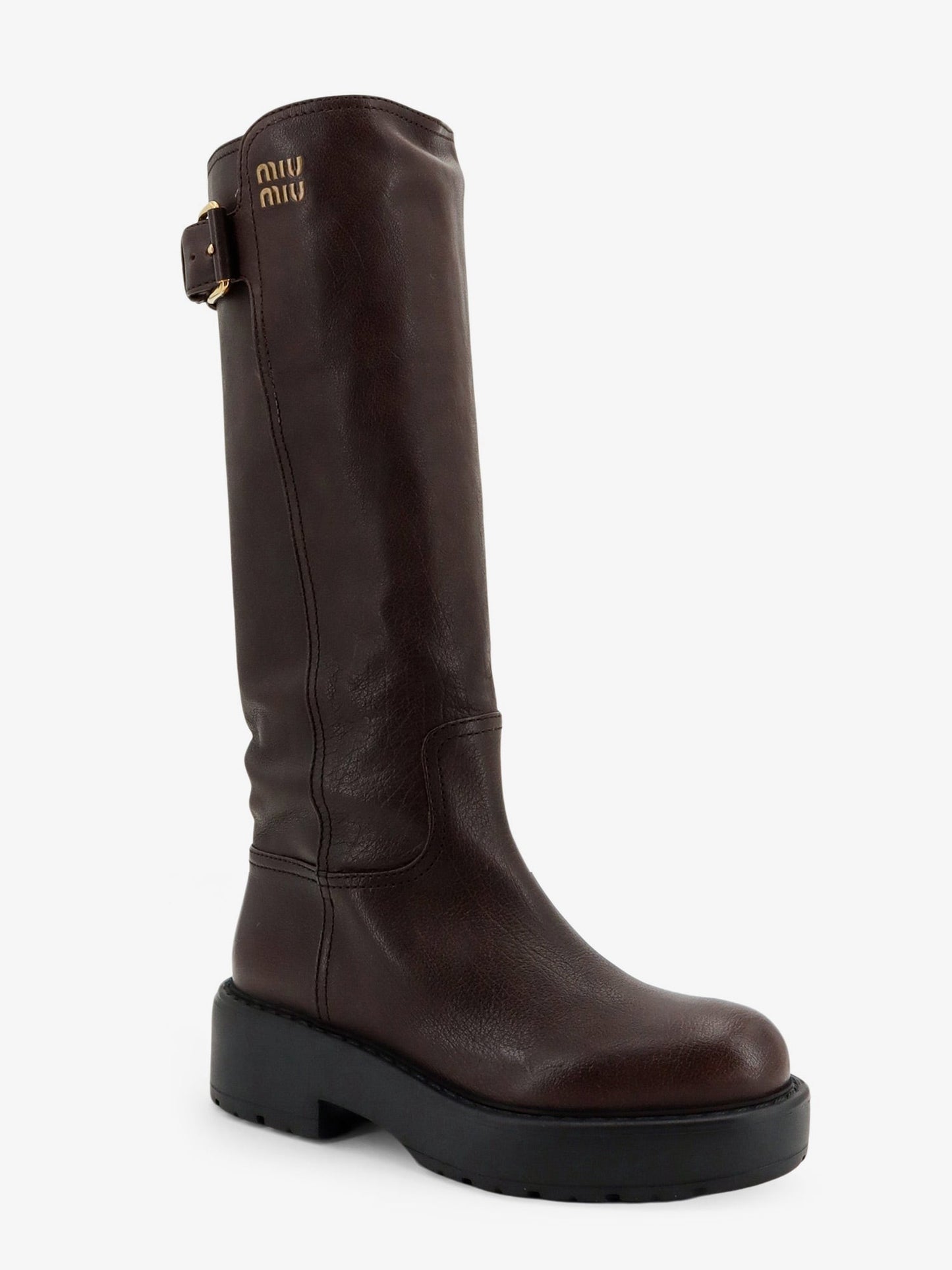 Miu Miu Women Leather Boots With Embossed Lettering Logo MIU MIU