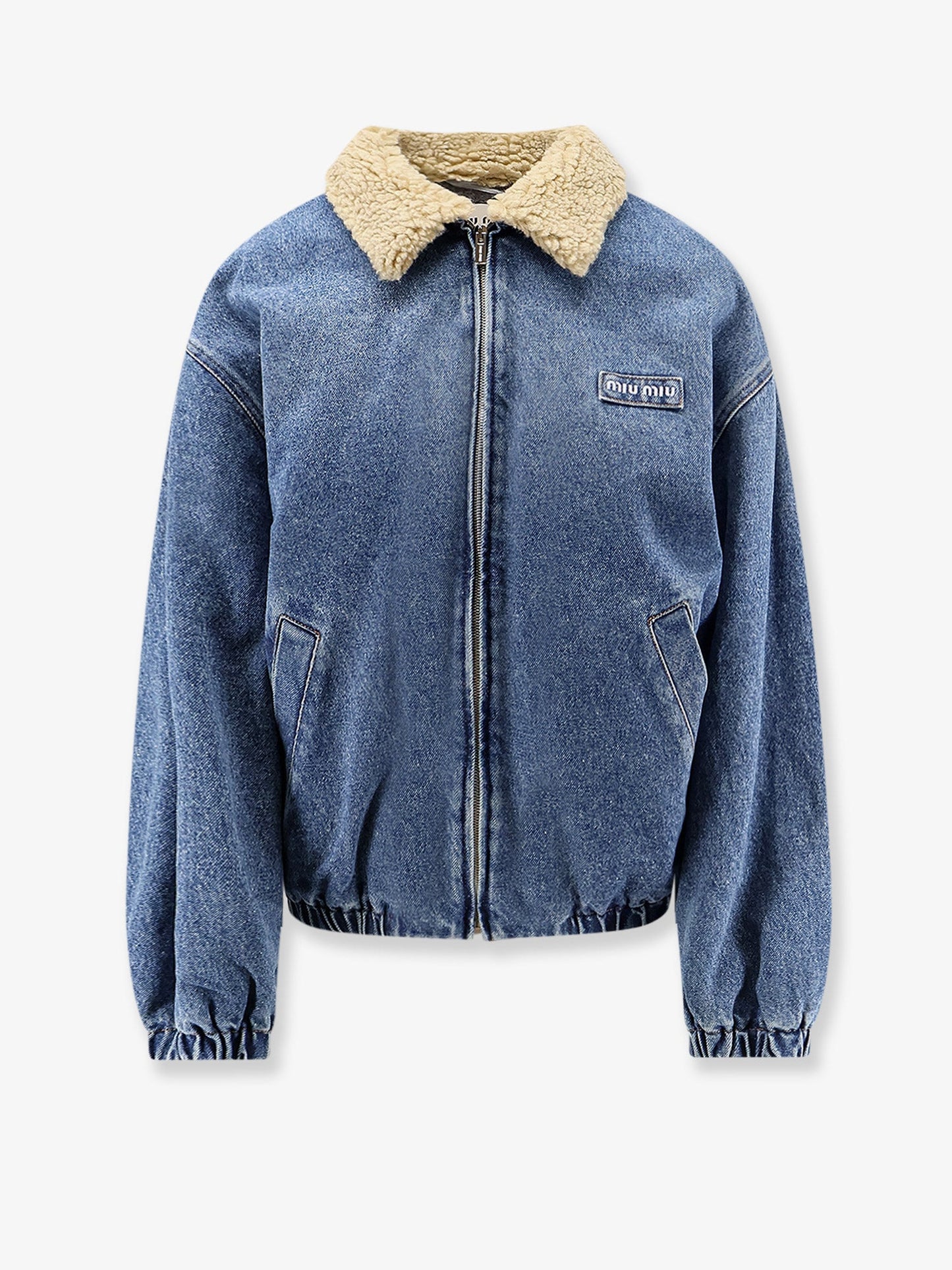 Miu Miu Women Denim Jacket With Lettering Logo Patch MIU MIU