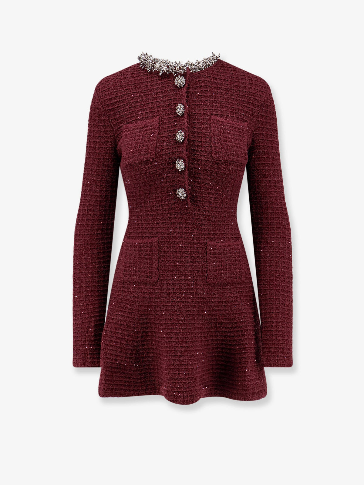 Self Portrait Women Knitted Bordeaux Dress With Jewel Details SELF-PORTRAIT