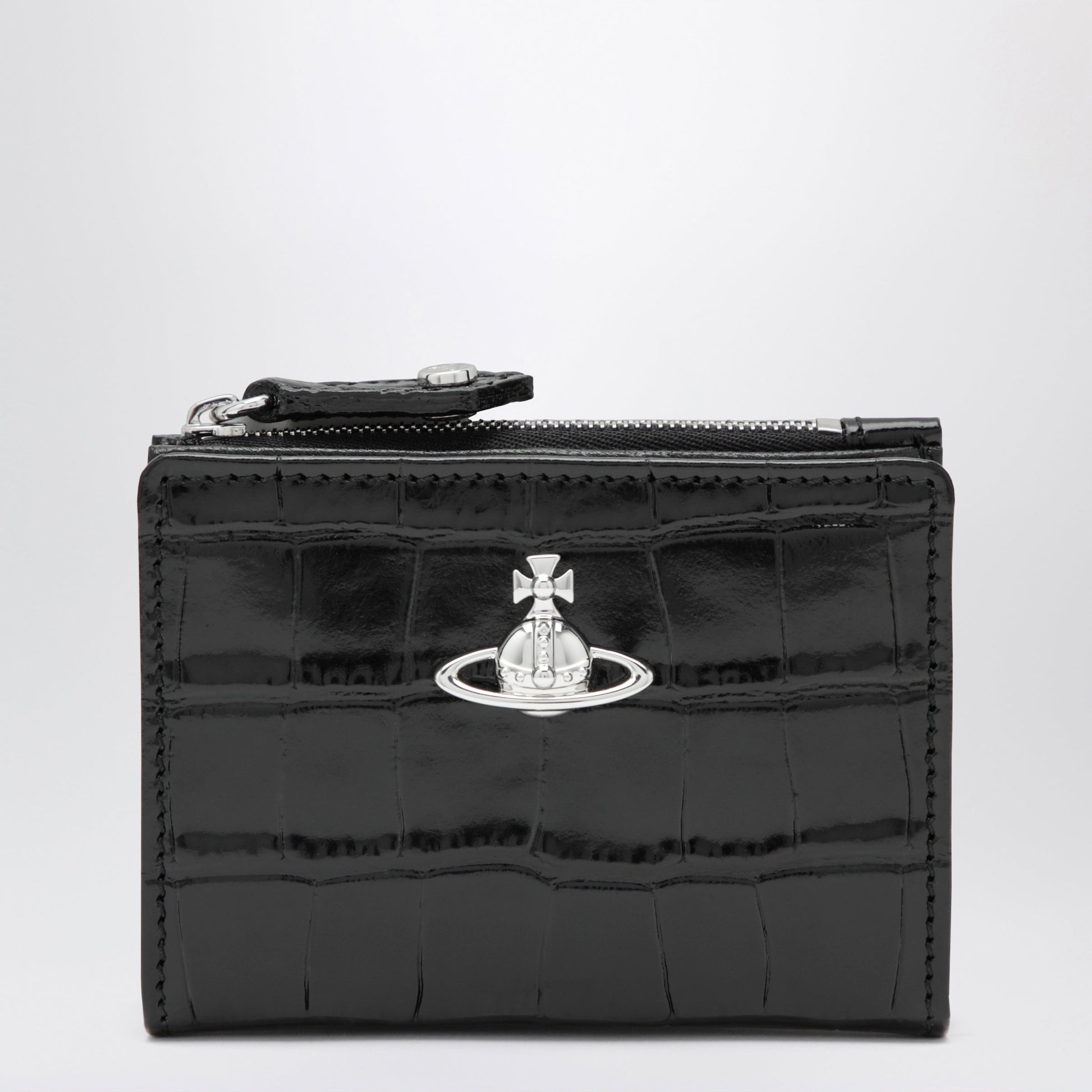 Vivienne Westwood Slim Flap Crocodile-Embossed Leather Card Holder, Black Women VIVIENNE WESTWOOD