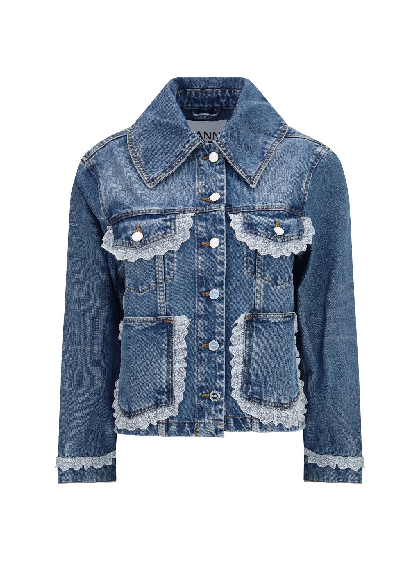 Ganni Women Rigid Denim Jacket With Lace Details GANNI