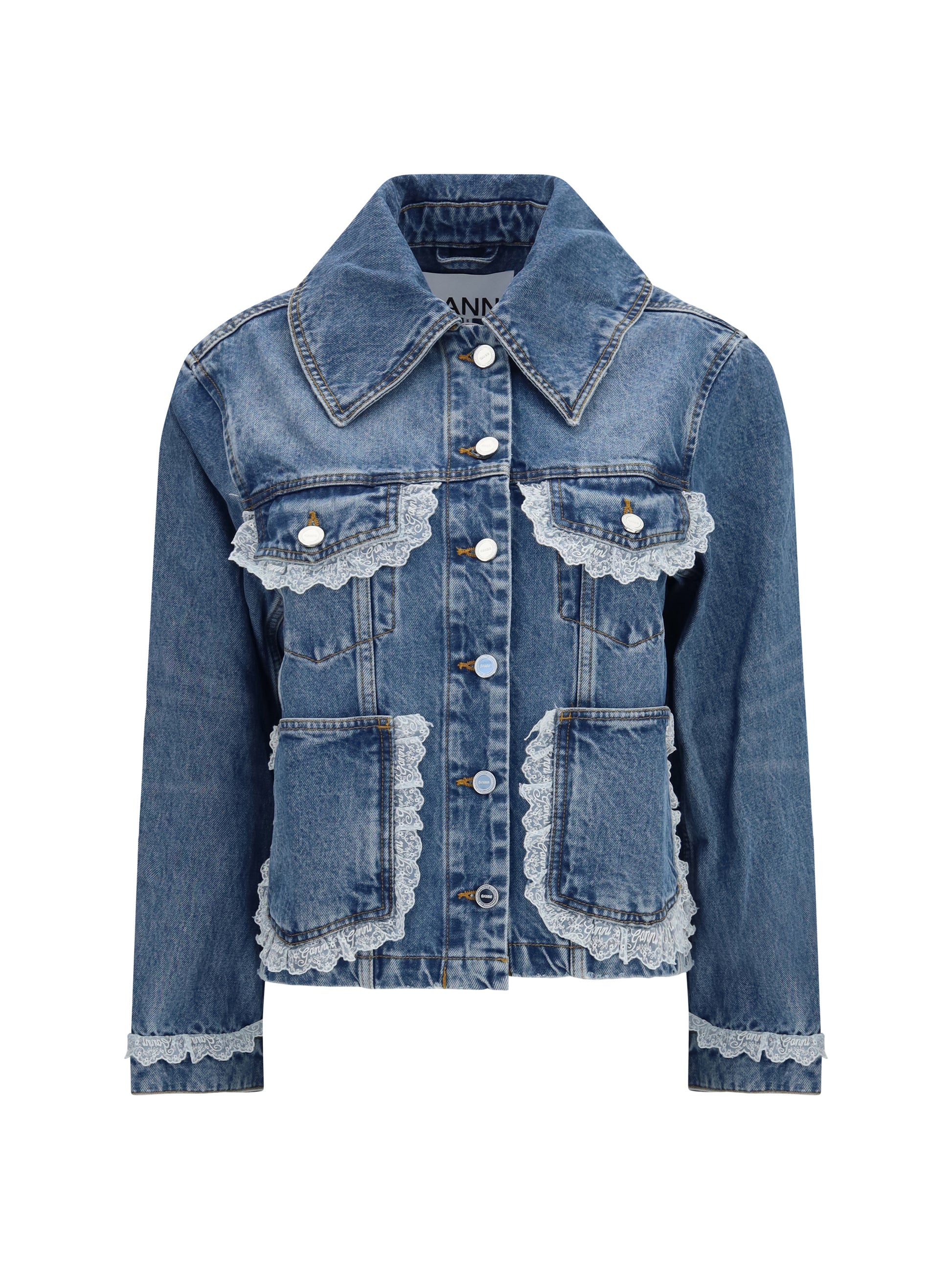 Ganni Women Rigid Denim Jacket With Lace Details GANNI