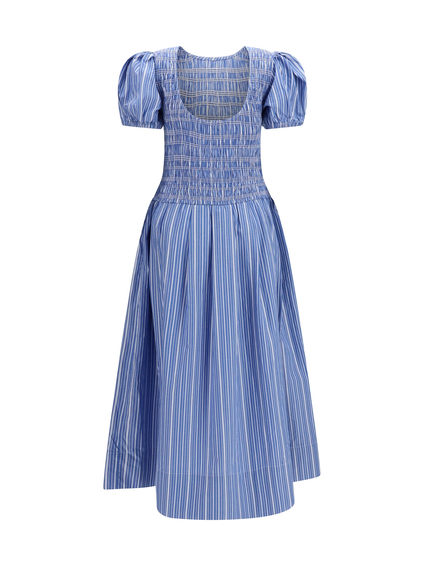 Ganni Women Striped Cotton Dress With Puff Sleeves GANNI