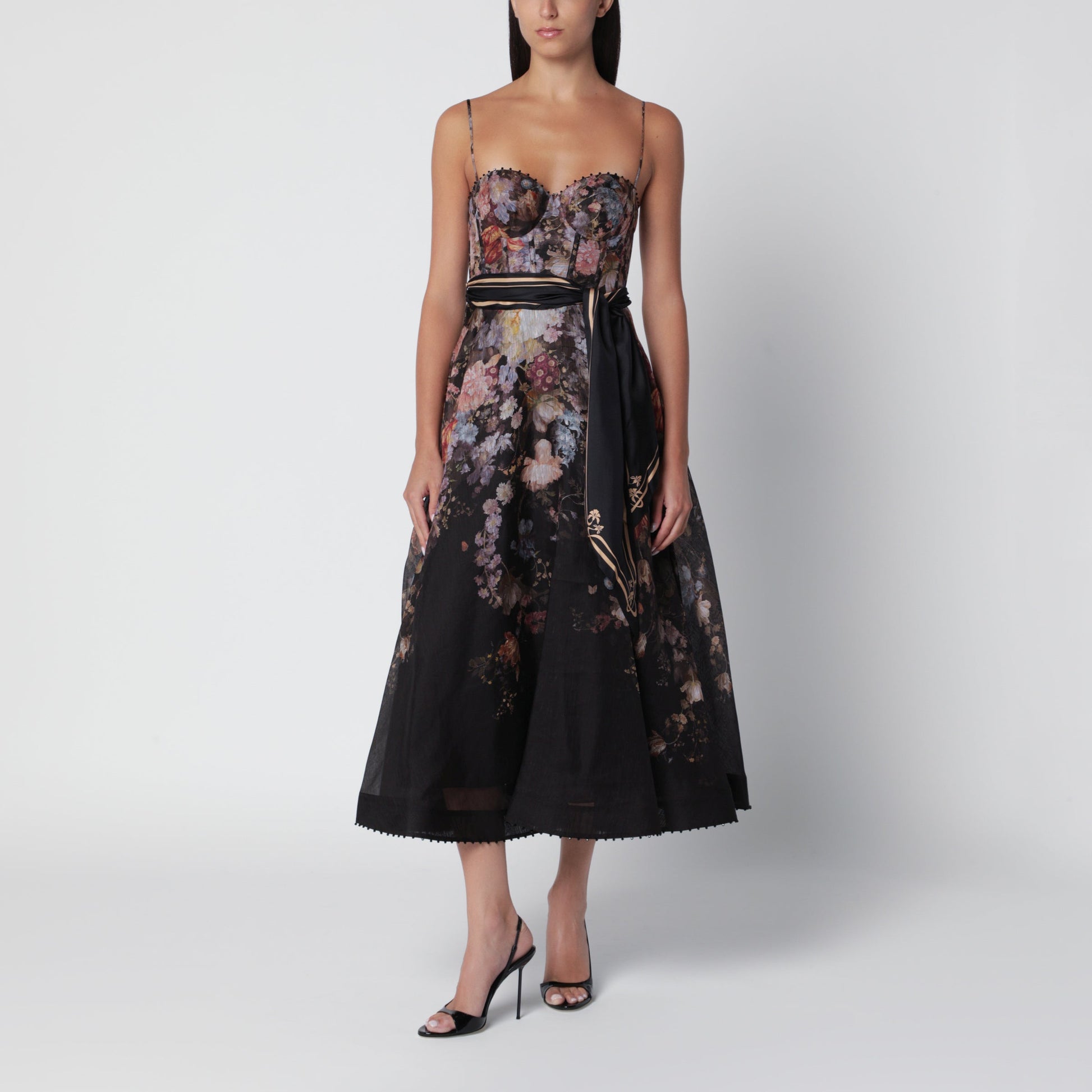 Zimmermann Valiant Black Floral Silk Linen Corset Midi Dress Women ZIMMERMANN