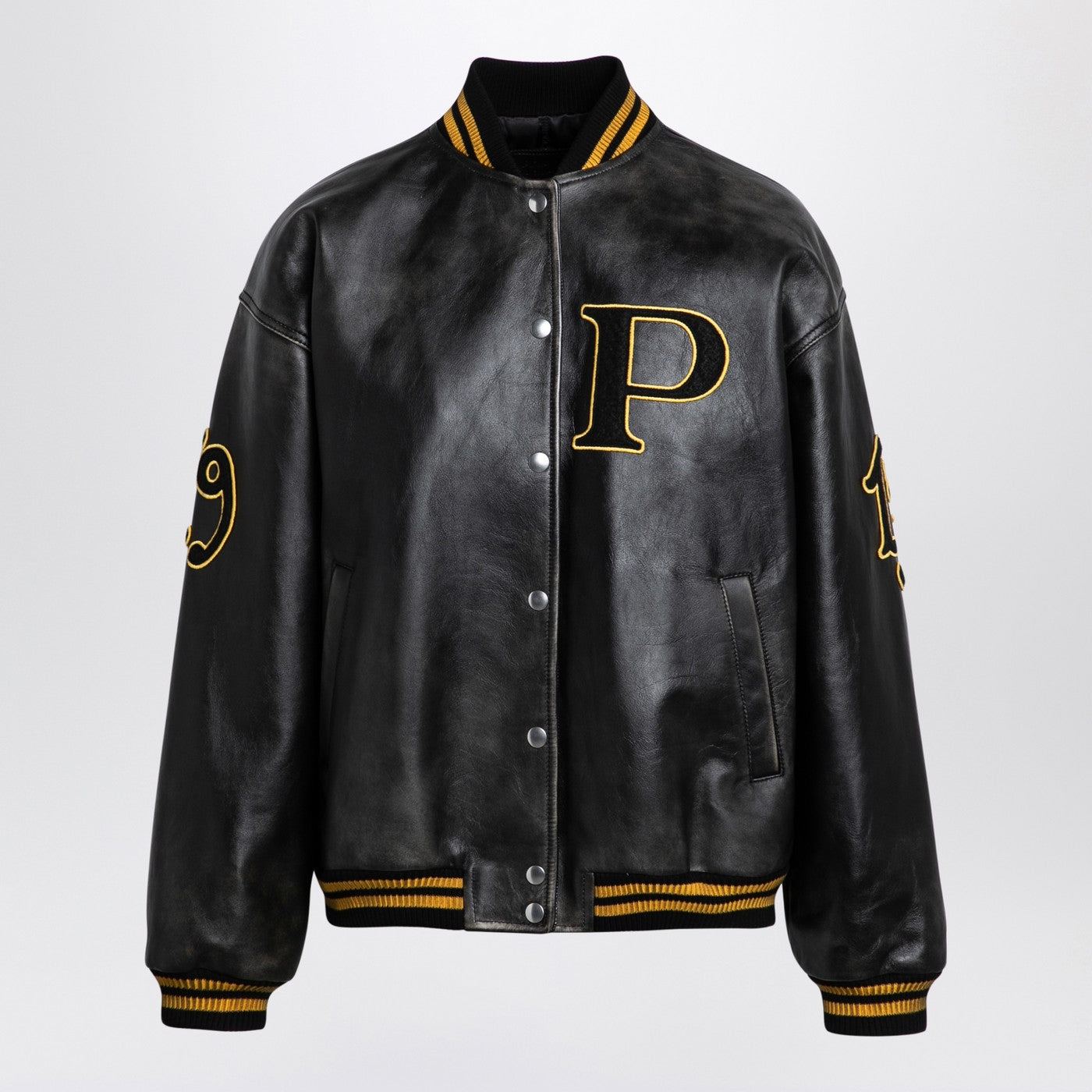 Prada Leather Bomber Vintage Black With Patch Women PRADA