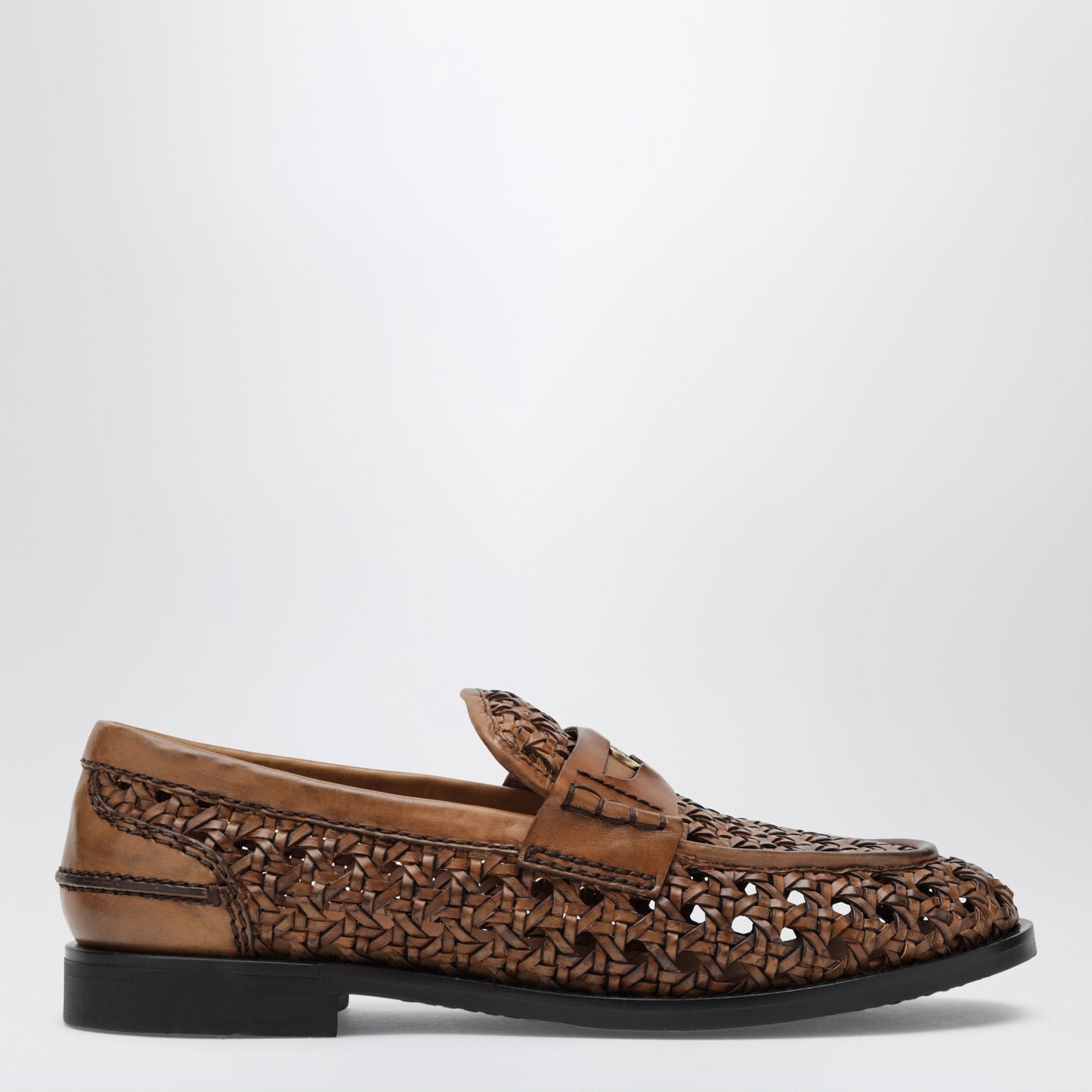 Miu Miu Cognac-Colored Woven Leather Penny Loafers Women MIU MIU
