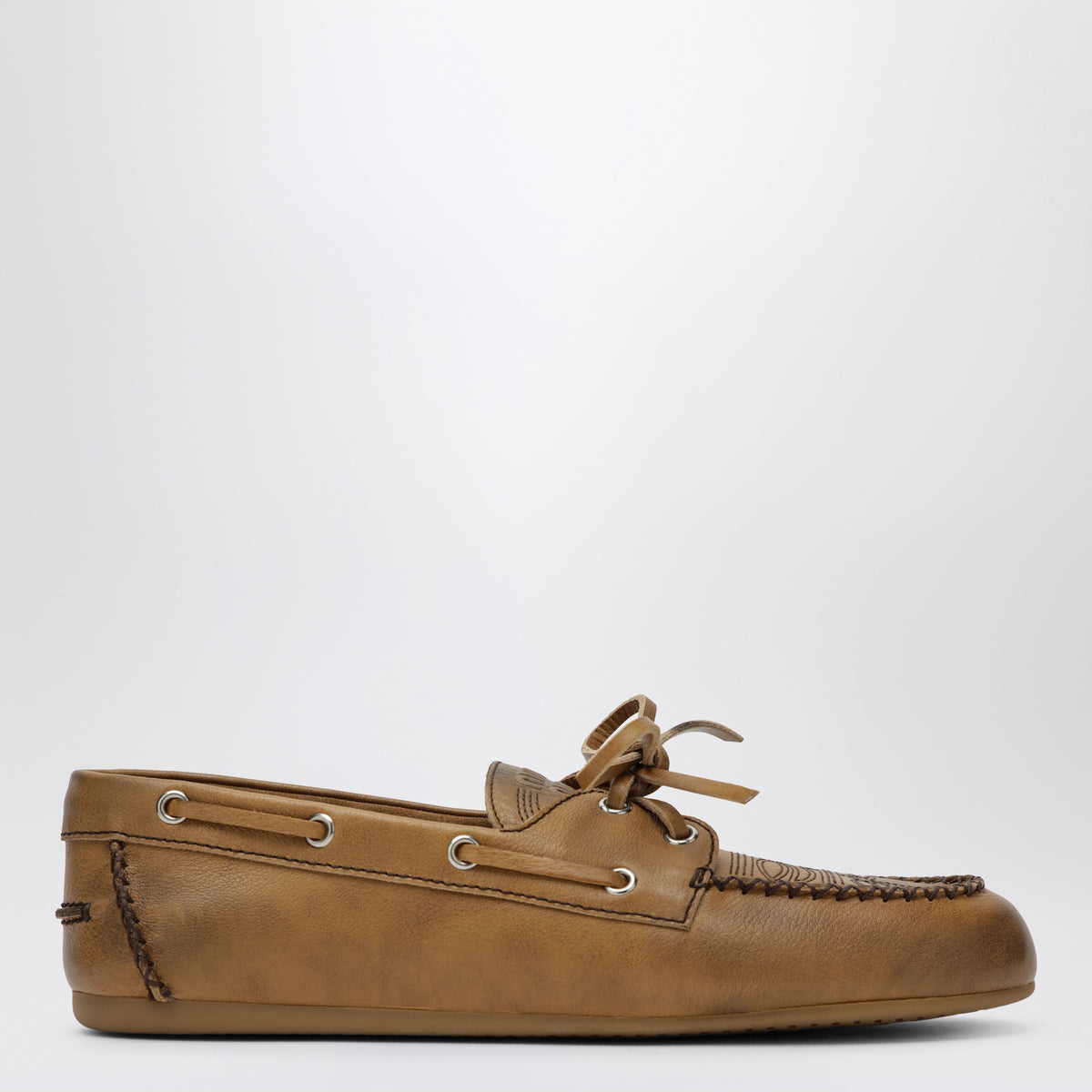 Miu Miu Brown Leather Boat Shoes With Embroidery Women MIU MIU