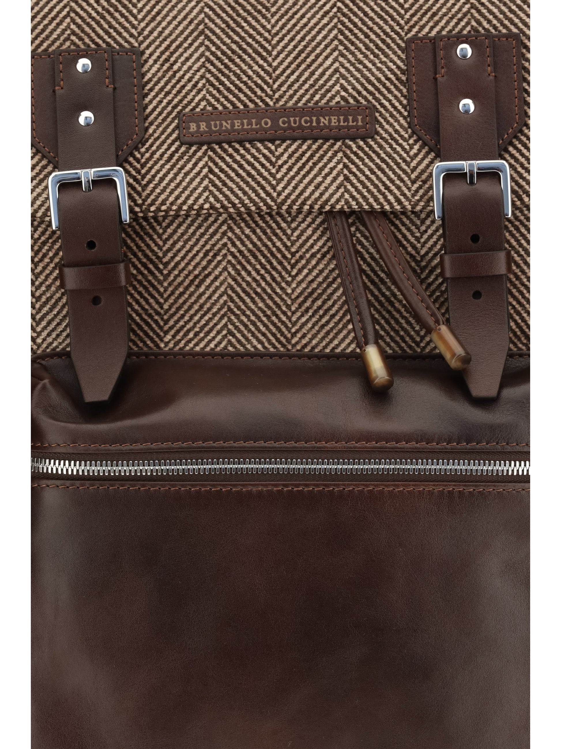 Brunello Cucinelli Men Herringbone Pattern Backpack With Leather Details BRUNELLO CUCINELLI