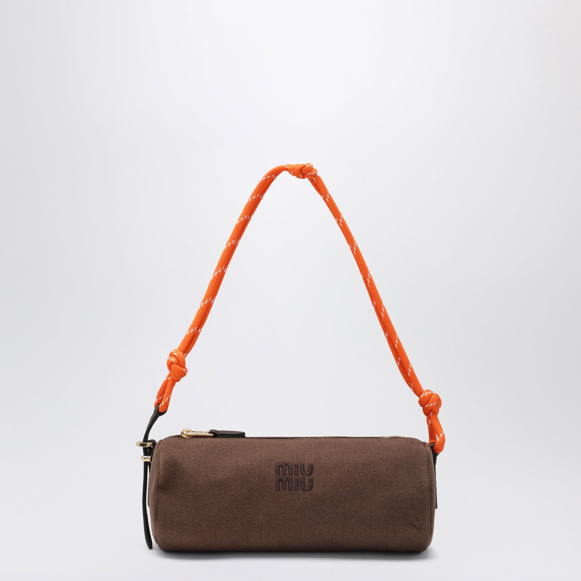 Miu Miu Cotton Gabardine Pouch, Embroidered Logo, Cocoa/Orange Women MIU MIU