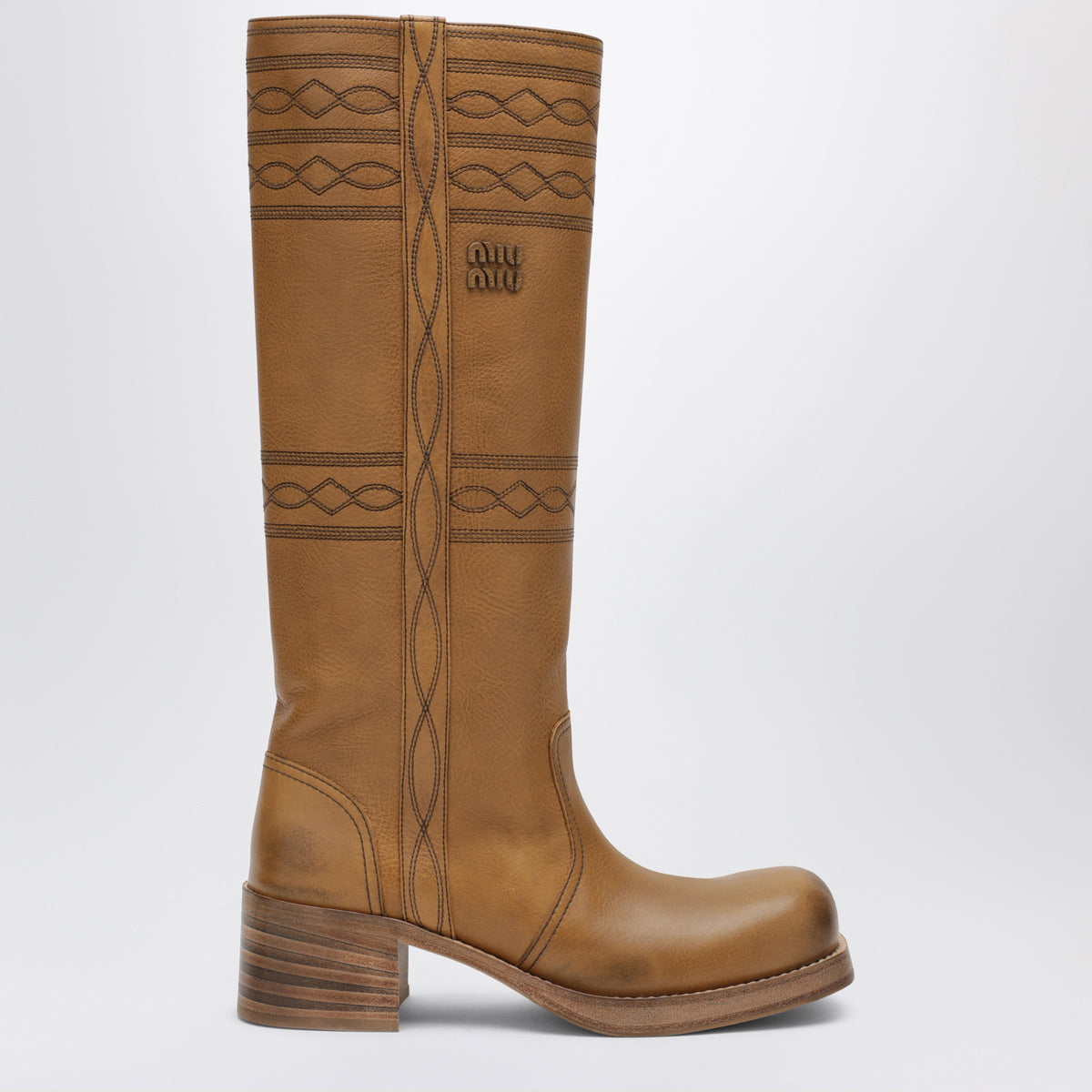 Miu Miu Embroidered Leather Boots In Cuoio Women MIU MIU