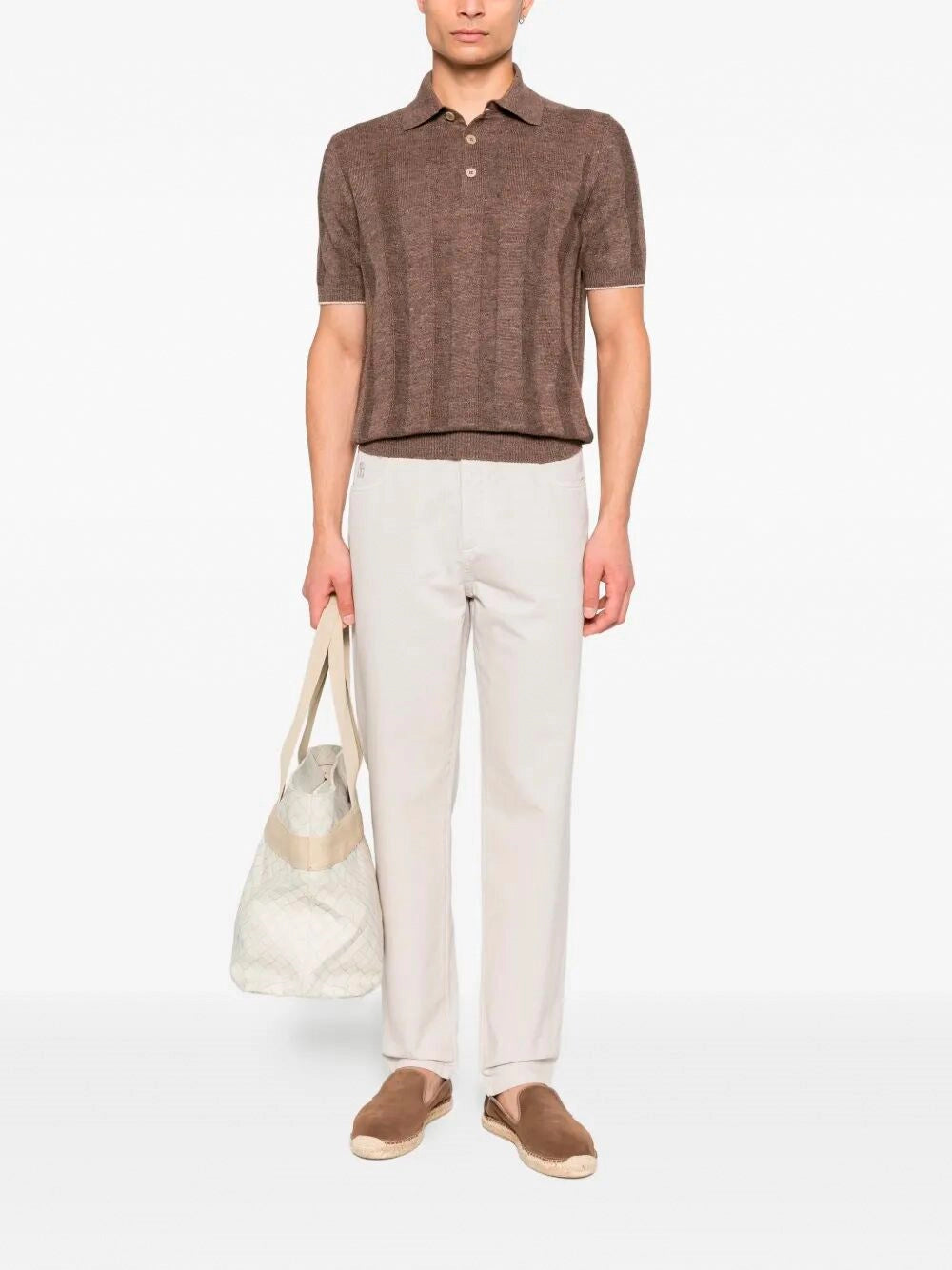 Brunello Cucinelli Men Linen And Cotton Wide Rib Knit Polo BRUNELLO CUCINELLI