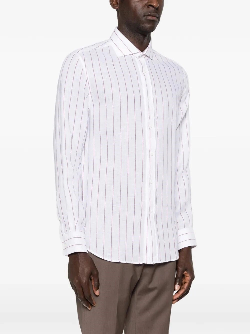 Brunello Cucinelli Men Stripe Linen Easy Fit Shirt With Spread Collar BRUNELLO CUCINELLI