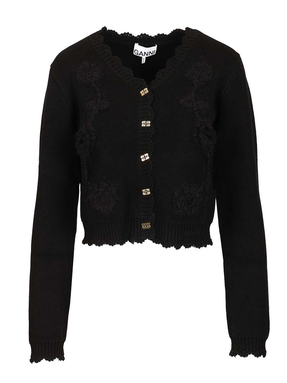 Ganni Women Cotton Cashmere Crochet Applique Cardigan GANNI