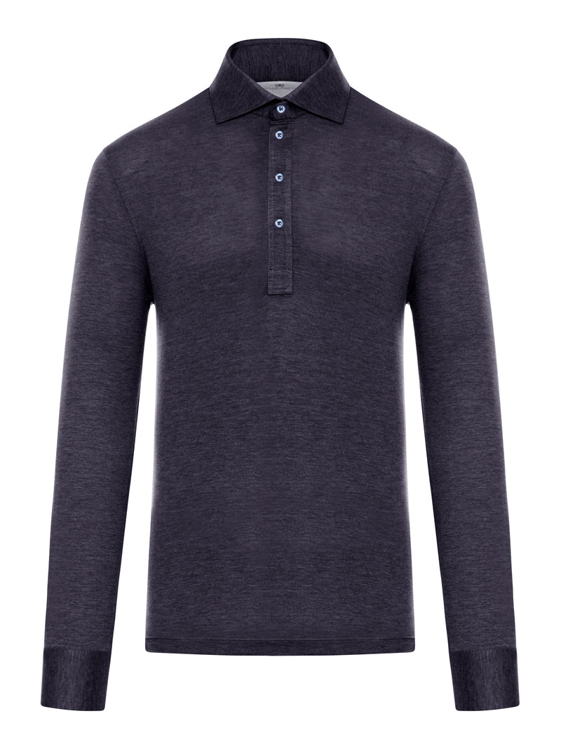 Brunello Cucinelli Men Long-Sleeved Polo Shirt In Light Silk And Cotton Jersey With Shirt Collar BRUNELLO CUCINELLI