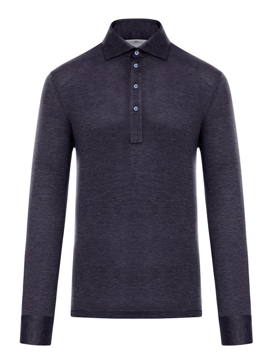 Brunello Cucinelli Men Long-Sleeved Polo Shirt In Light Silk And Cotton Jersey With Shirt Collar BRUNELLO CUCINELLI