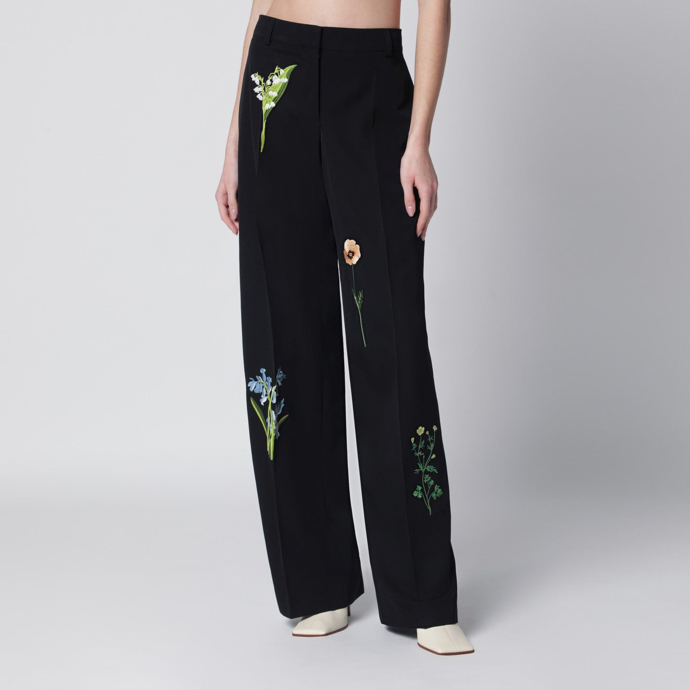 Stella Mccartney Black Wool Trousers With Floral Embroidery Women STELLA MCCARTNEY